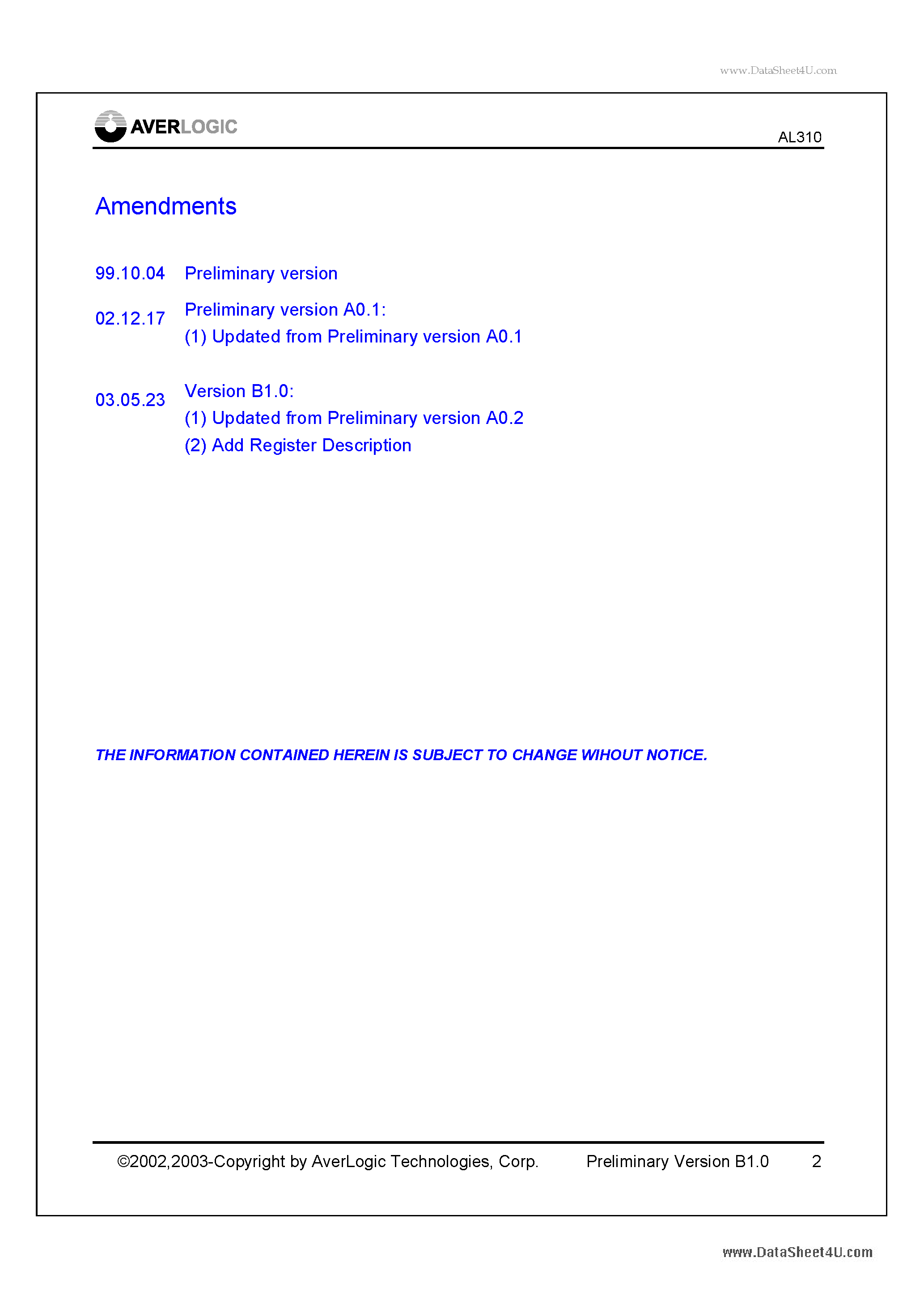 Datasheet AL310 - Advanced LCD Controller page 2