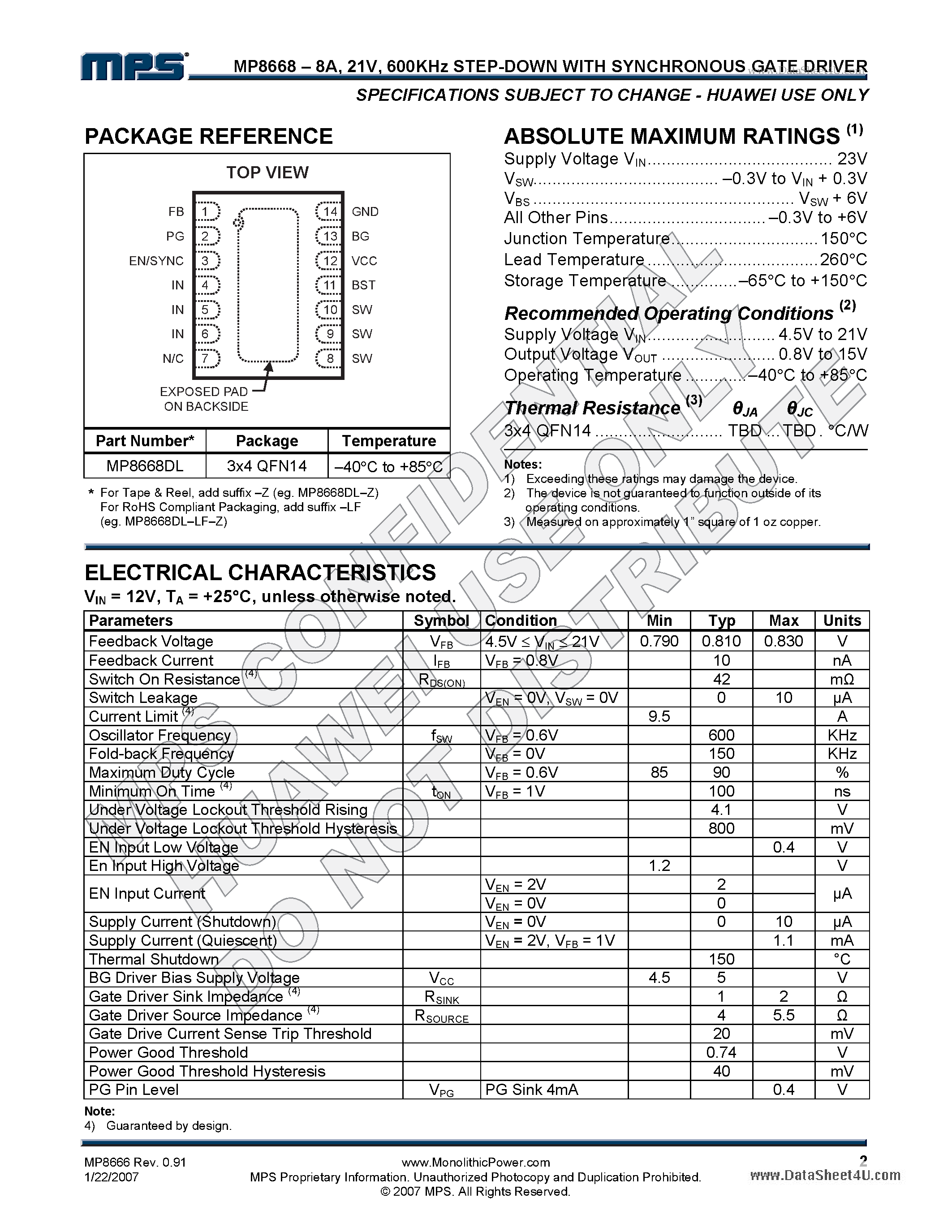 Datasheet MP8668 - 600KHz Step-Down Converter page 2