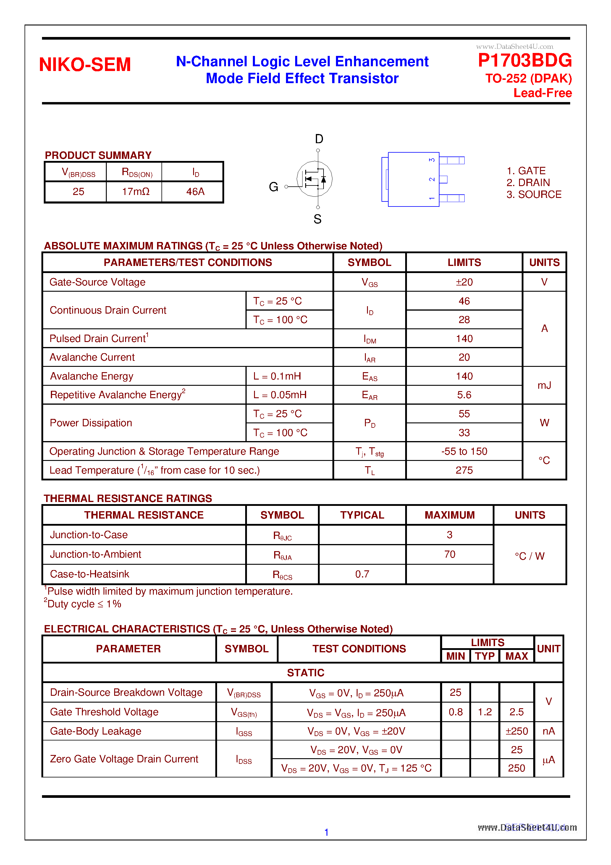 Даташит на микросхему P1703BDG страница 1 Даташит P1703BDG - N-Channel Logic Level Enhancement Mode Field Effect Transistor страница 1