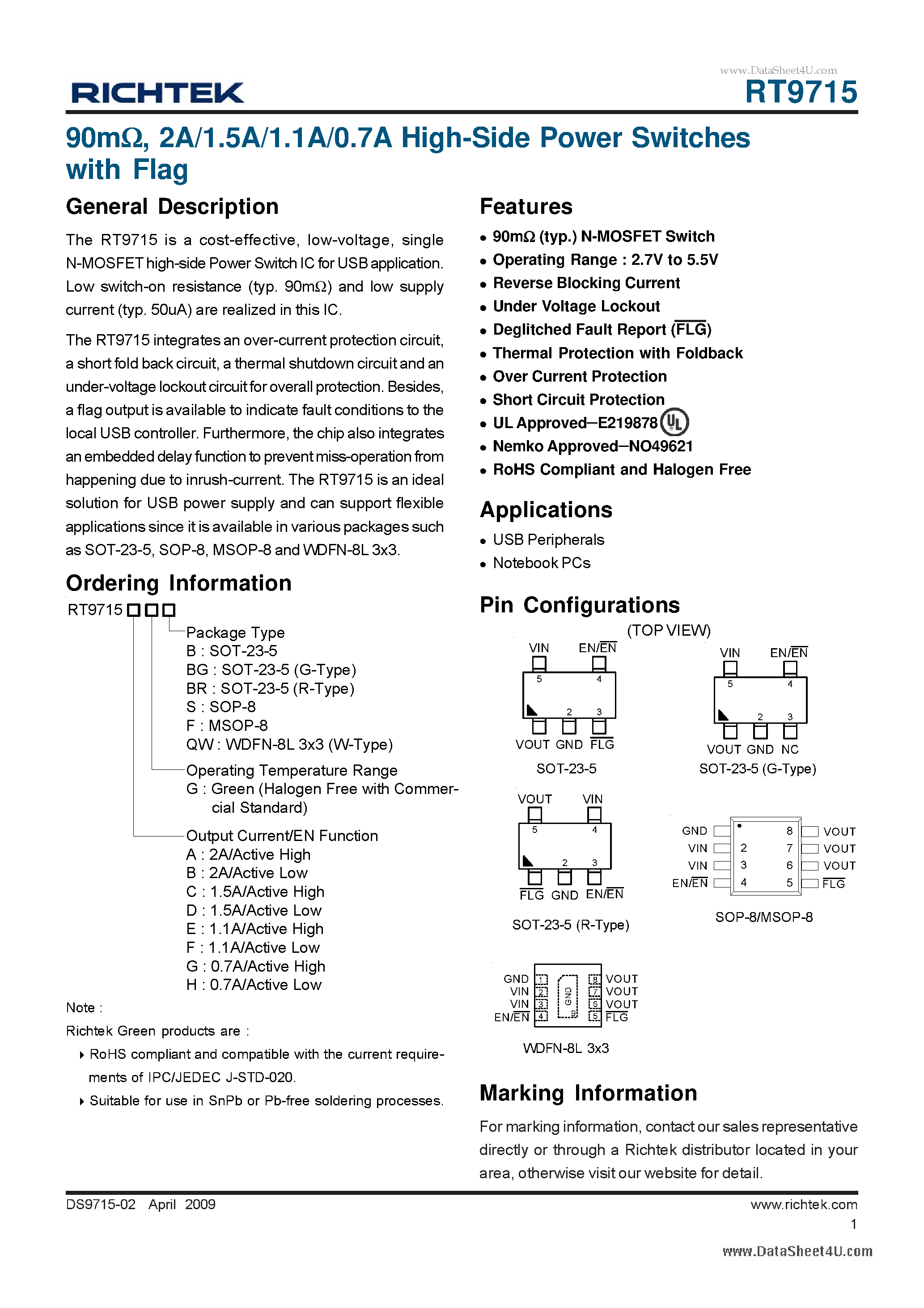 Datasheet RT9715 - 2A/1.5A/1.1A/0.7A High-Side Power Switches page 1