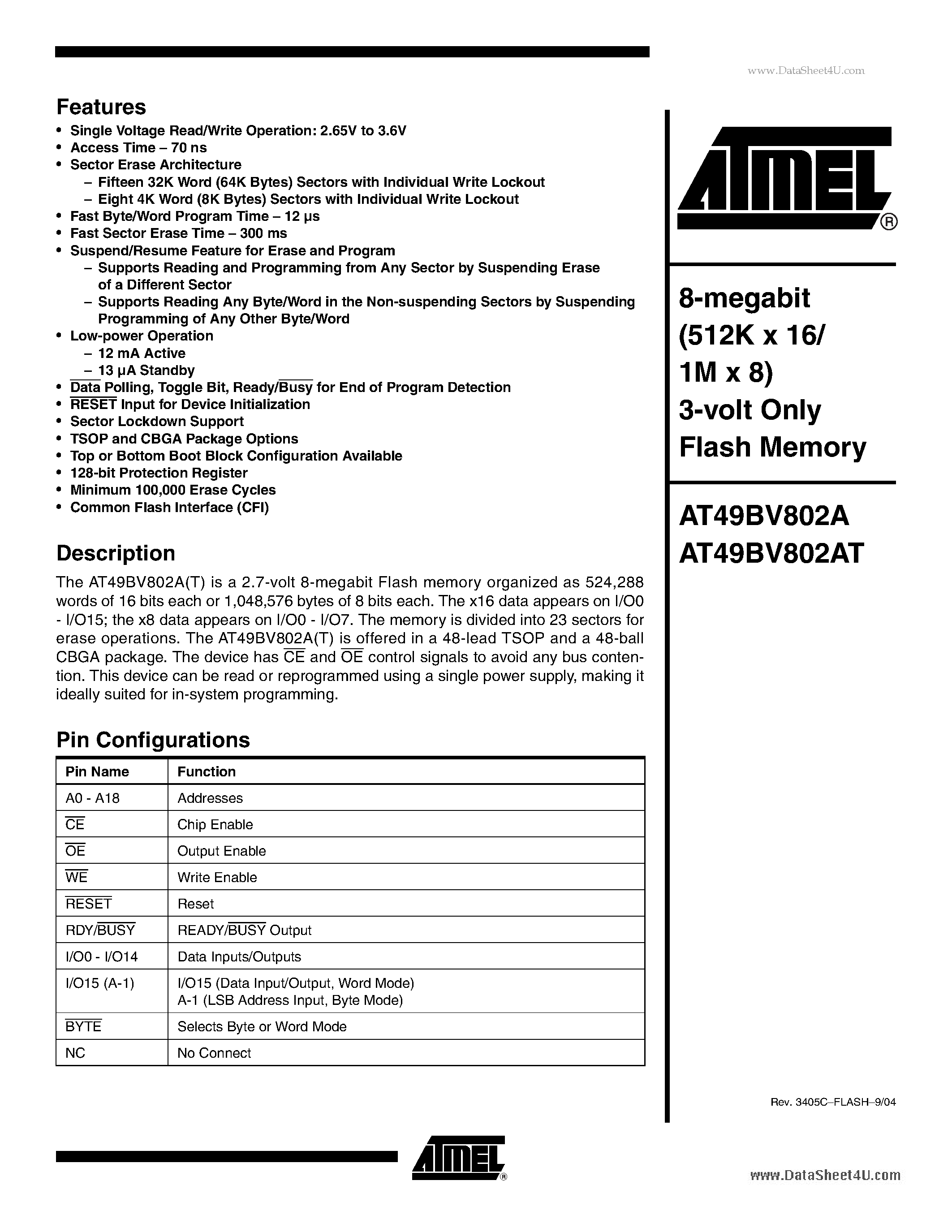 Datasheet AT49BV802A - 8-megabit (512K x 16/ 1M x 8) 3-volt Only Flash Memory page 1