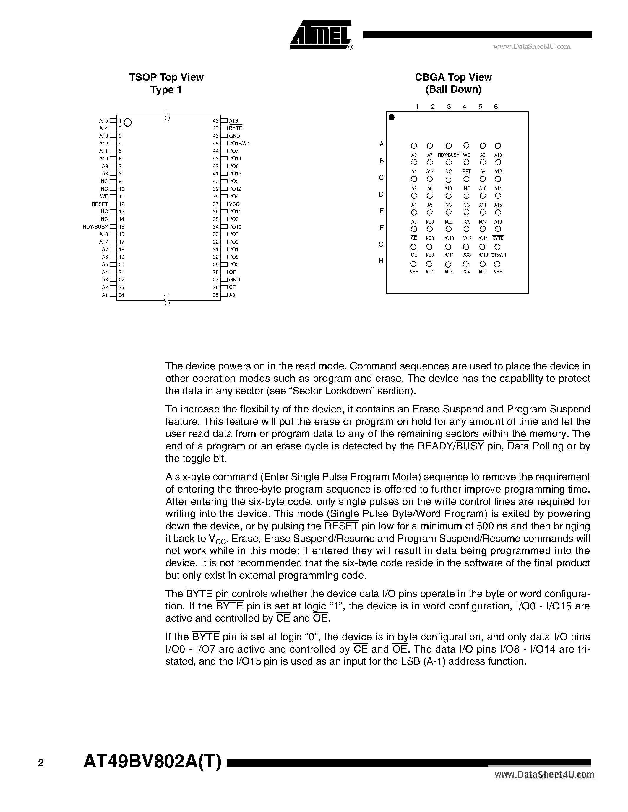 Datasheet AT49BV802A - 8-megabit (512K x 16/ 1M x 8) 3-volt Only Flash Memory page 2
