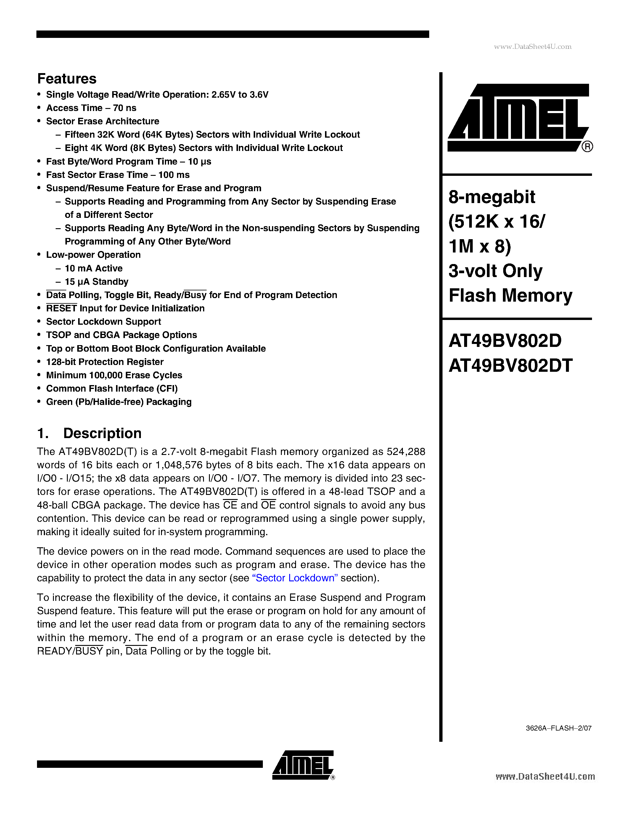 Datasheet AT49BV802D - 8-megabit (512K x 16/ 1M x 8) 3-volt Only Flash Memory page 1