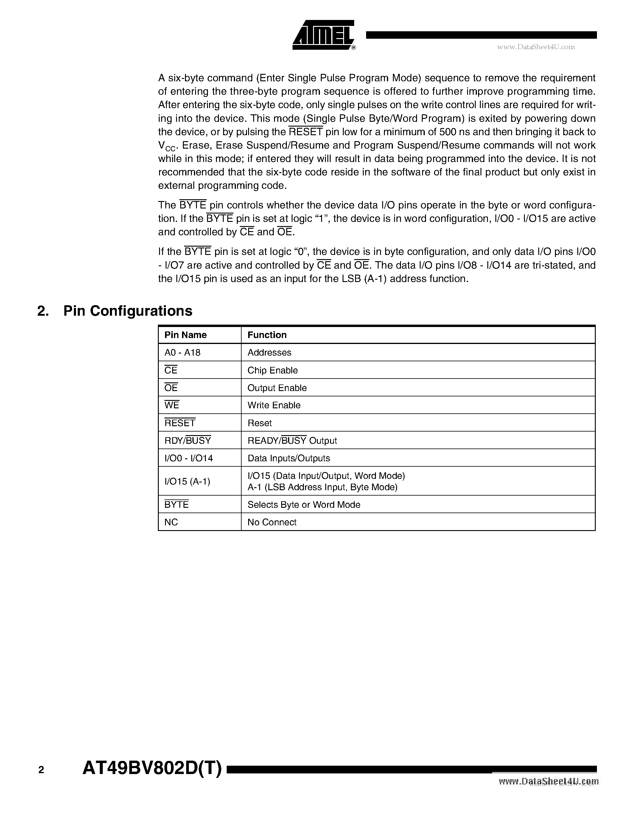 Datasheet AT49BV802D - 8-megabit (512K x 16/ 1M x 8) 3-volt Only Flash Memory page 2