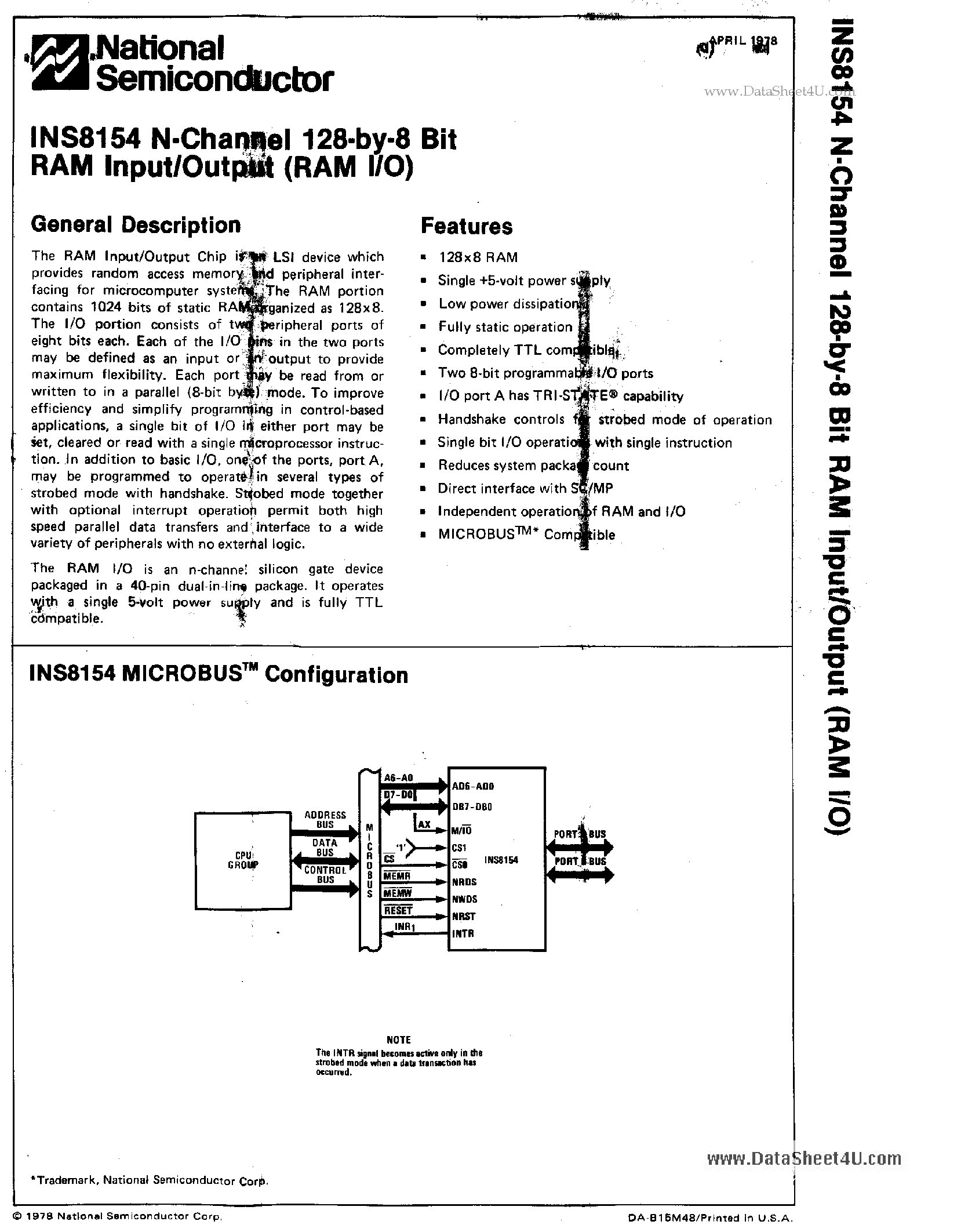Datasheet INS8154 - N-Channel 128-by-8 Bit RAM Input/Output page 1