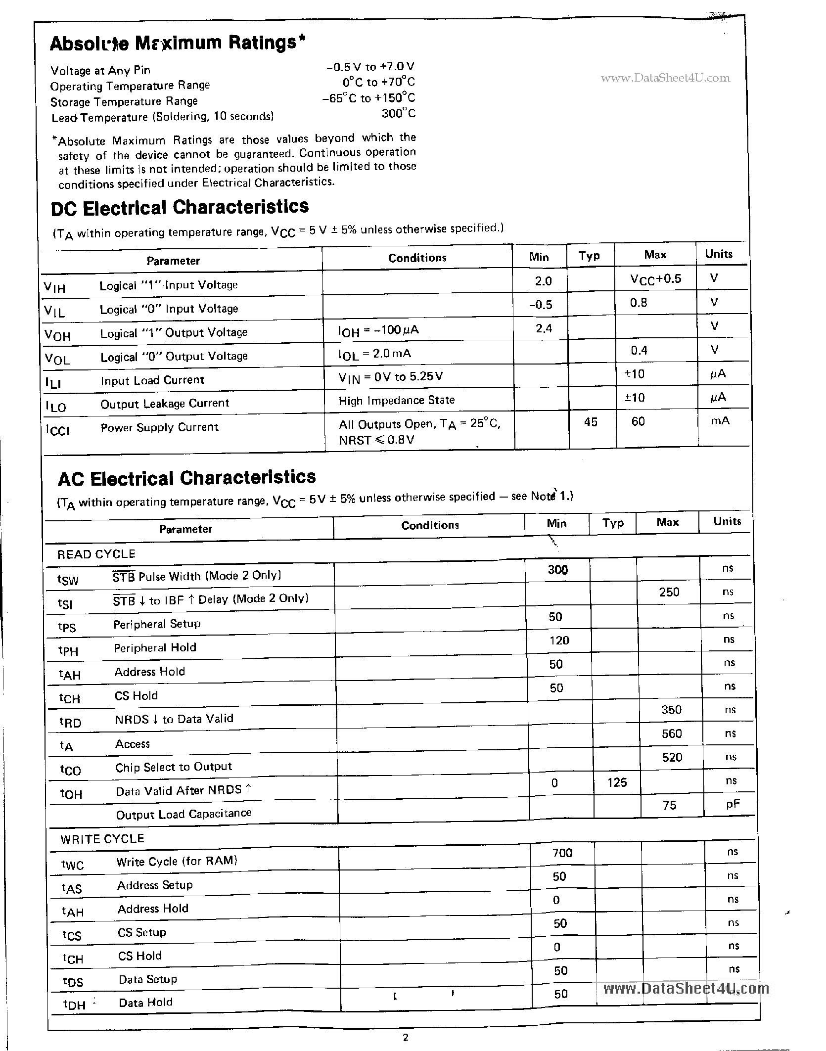Datasheet INS8154 - N-Channel 128-by-8 Bit RAM Input/Output page 2