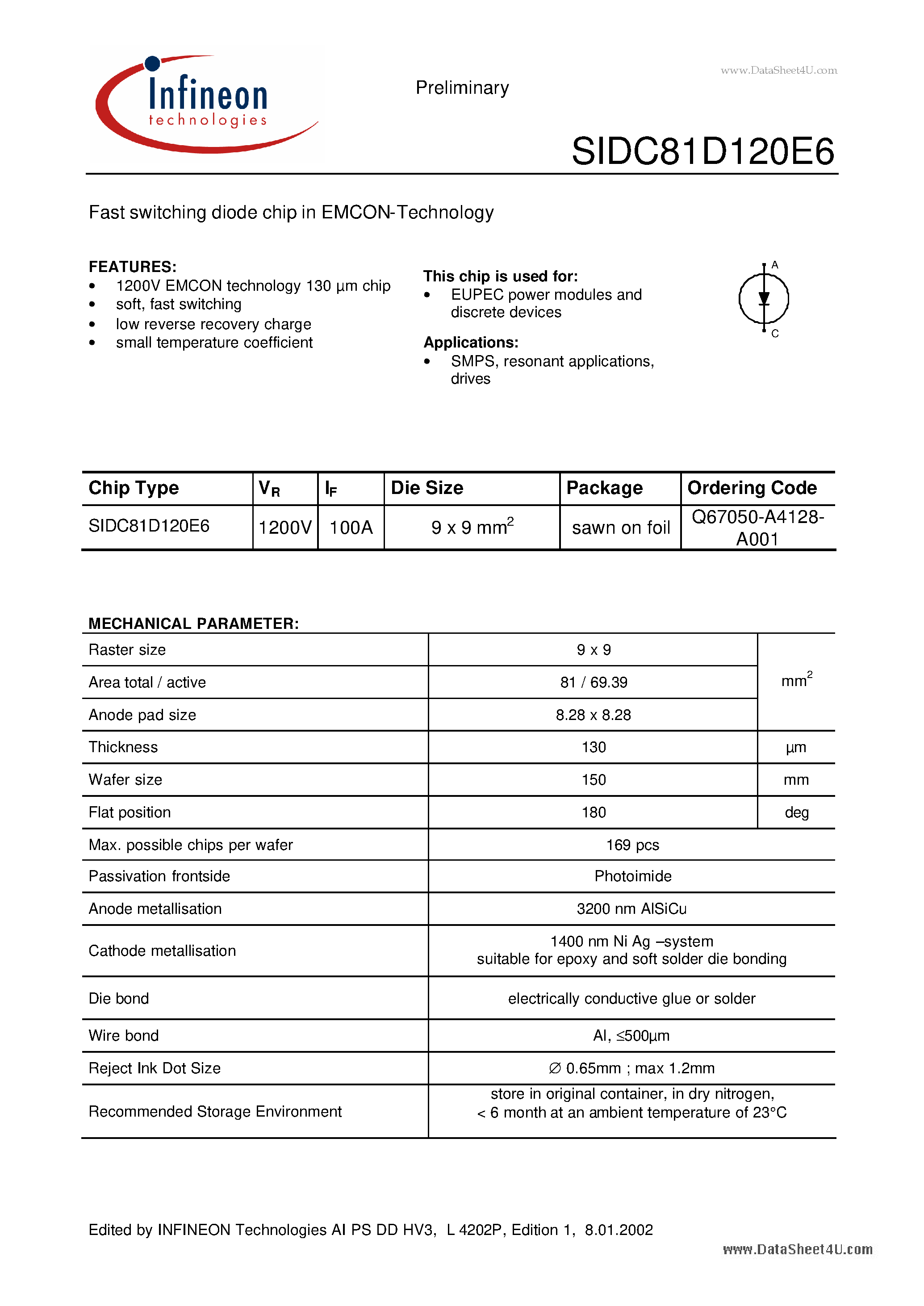Datasheet SIDC81D120E6 page 1 Datasheet SIDC81D120E6 - Fast switching diode chip page 1