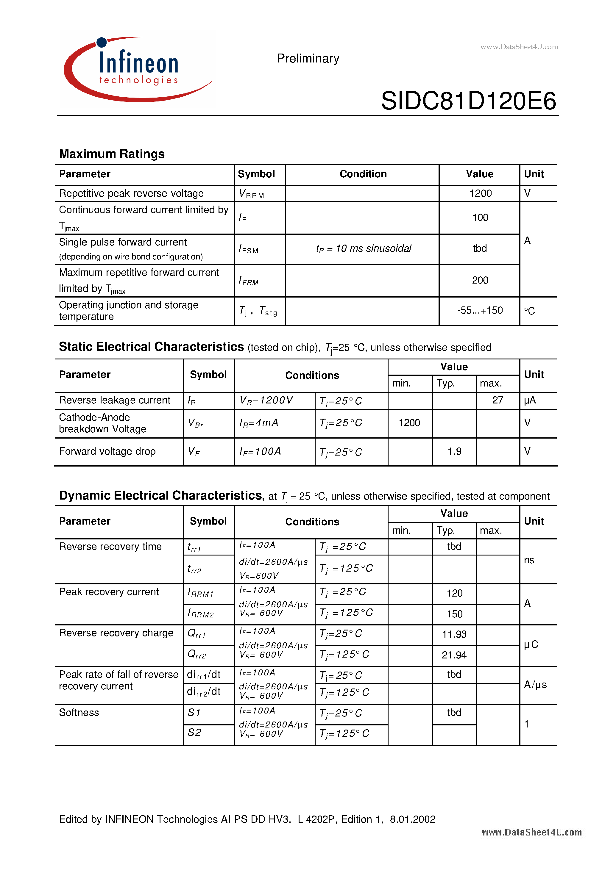 Datasheet SIDC81D120E6 page 2 Datasheet SIDC81D120E6 - Fast switching diode chip page 2
