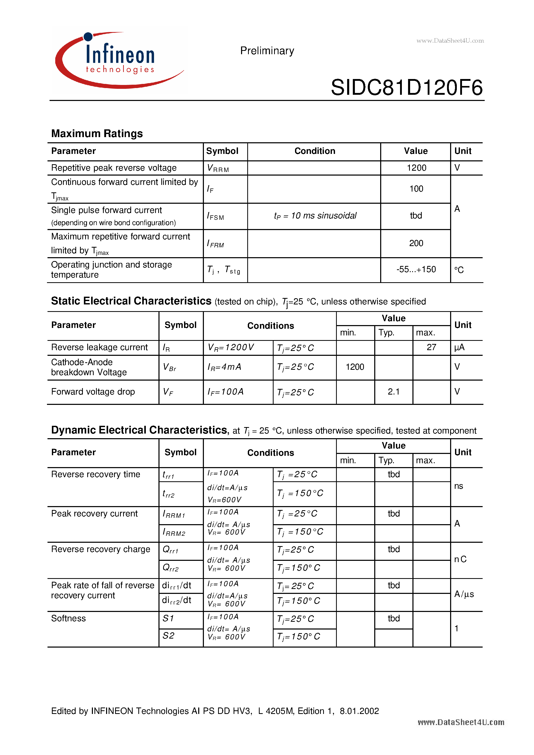 Datasheet SIDC81D120F6 page 2 Datasheet SIDC81D120F6 - Fast switching diode chip page 2