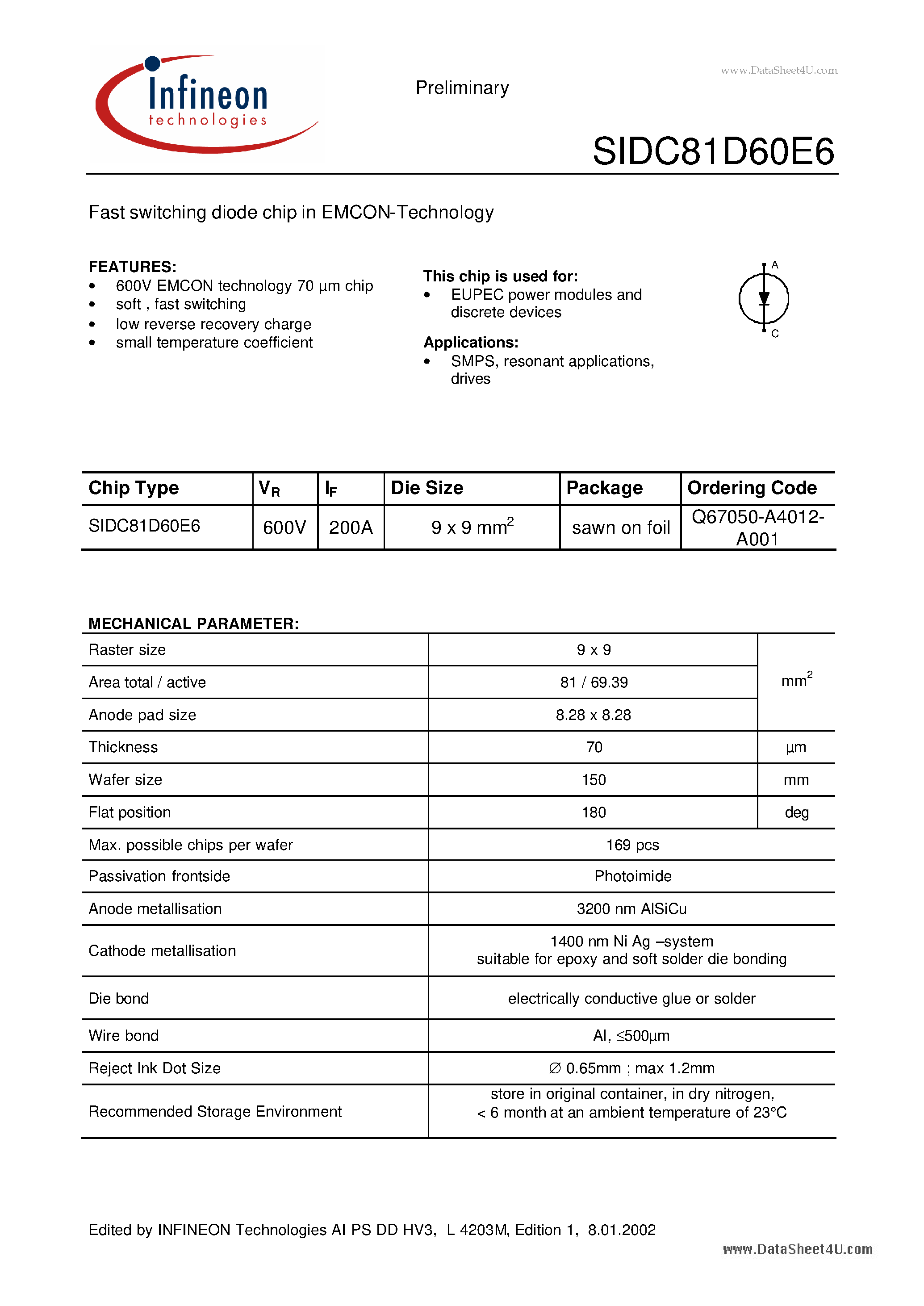 Datasheet SIDC81D60E6 page 1 Datasheet SIDC81D60E6 - Fast switching diode chip page 1