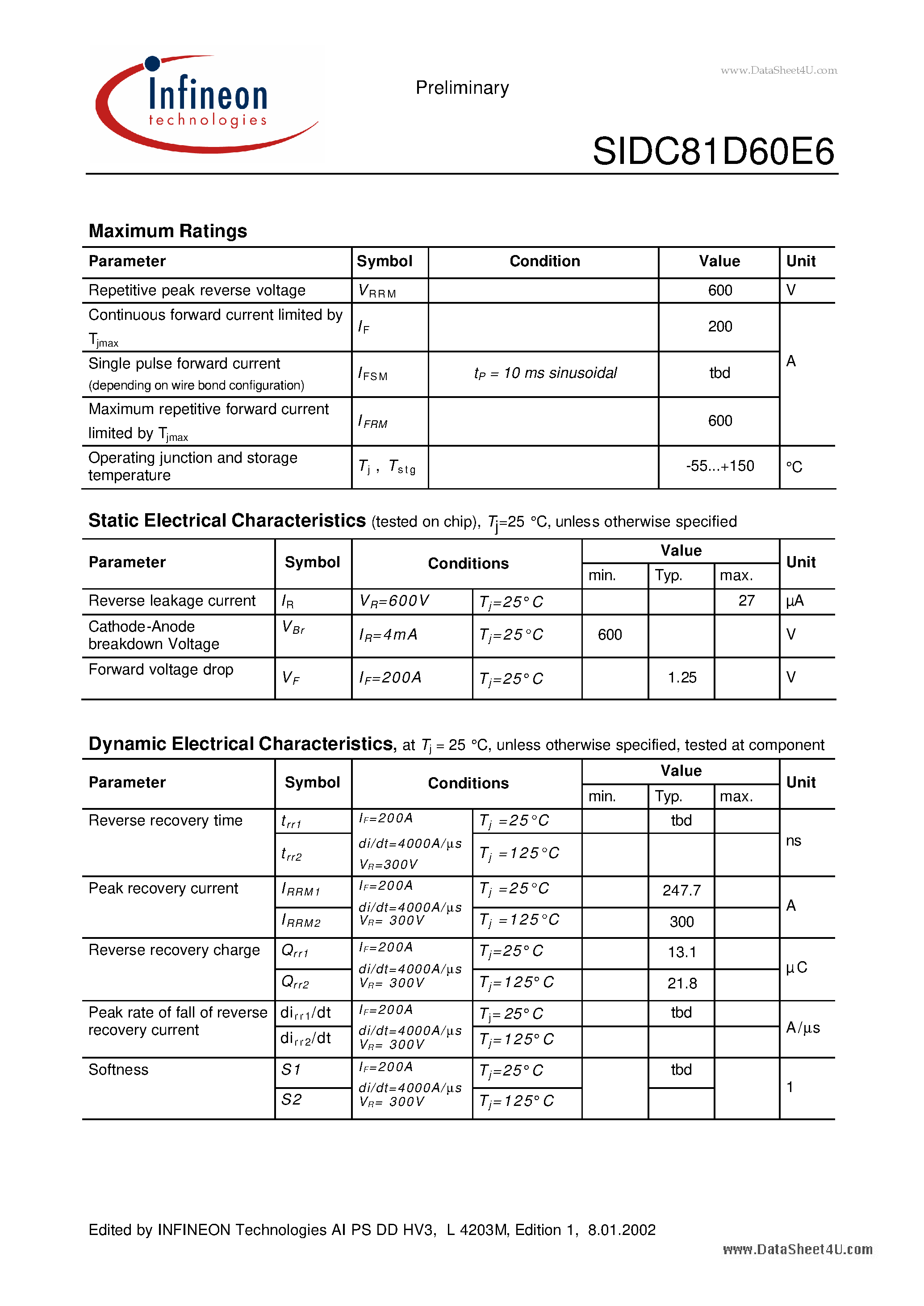 Datasheet SIDC81D60E6 page 2 Datasheet SIDC81D60E6 - Fast switching diode chip page 2