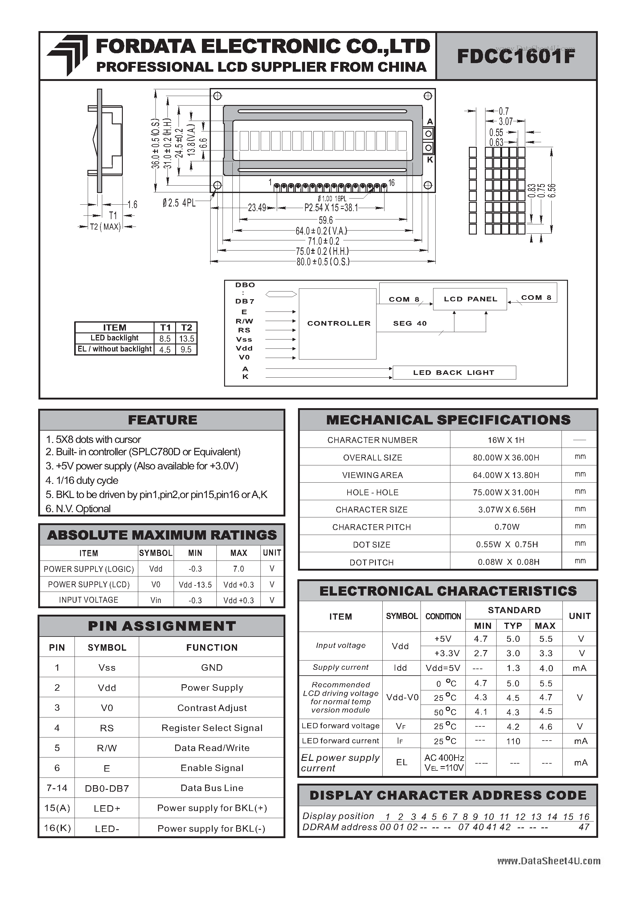 Datasheet FDCC1601F page 1 Datasheet FDCC1601F - LCD SUPPLIER page 1