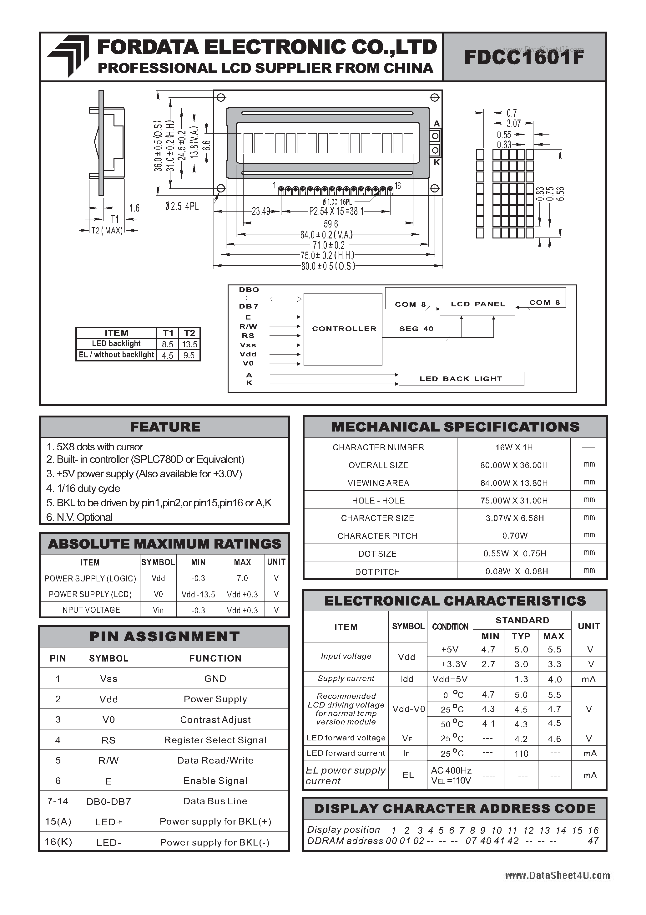 Datasheet FDCC1601F - LCD SUPPLIER page 1