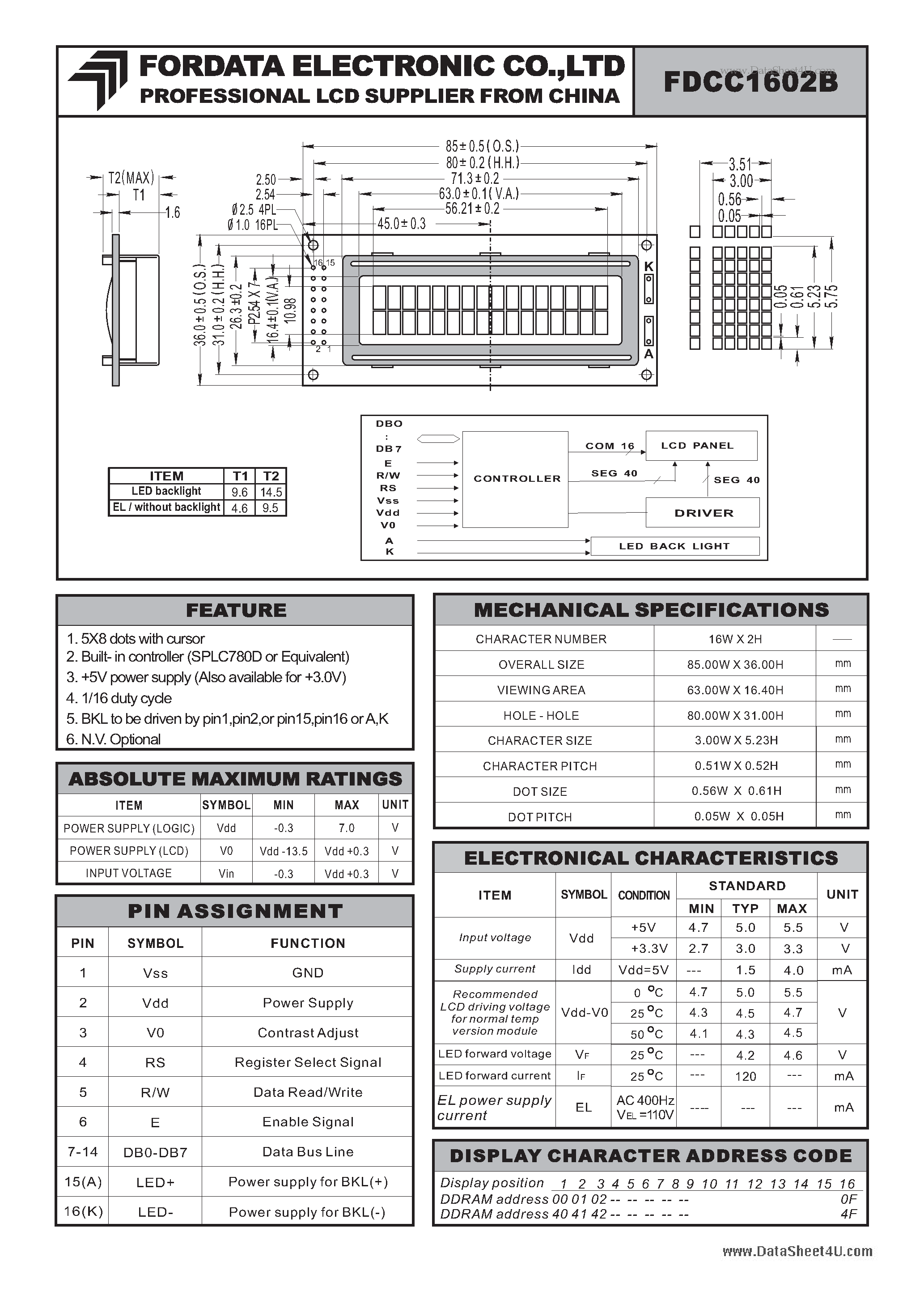 Datasheet FDCC1602B - LCD MODULE page 1