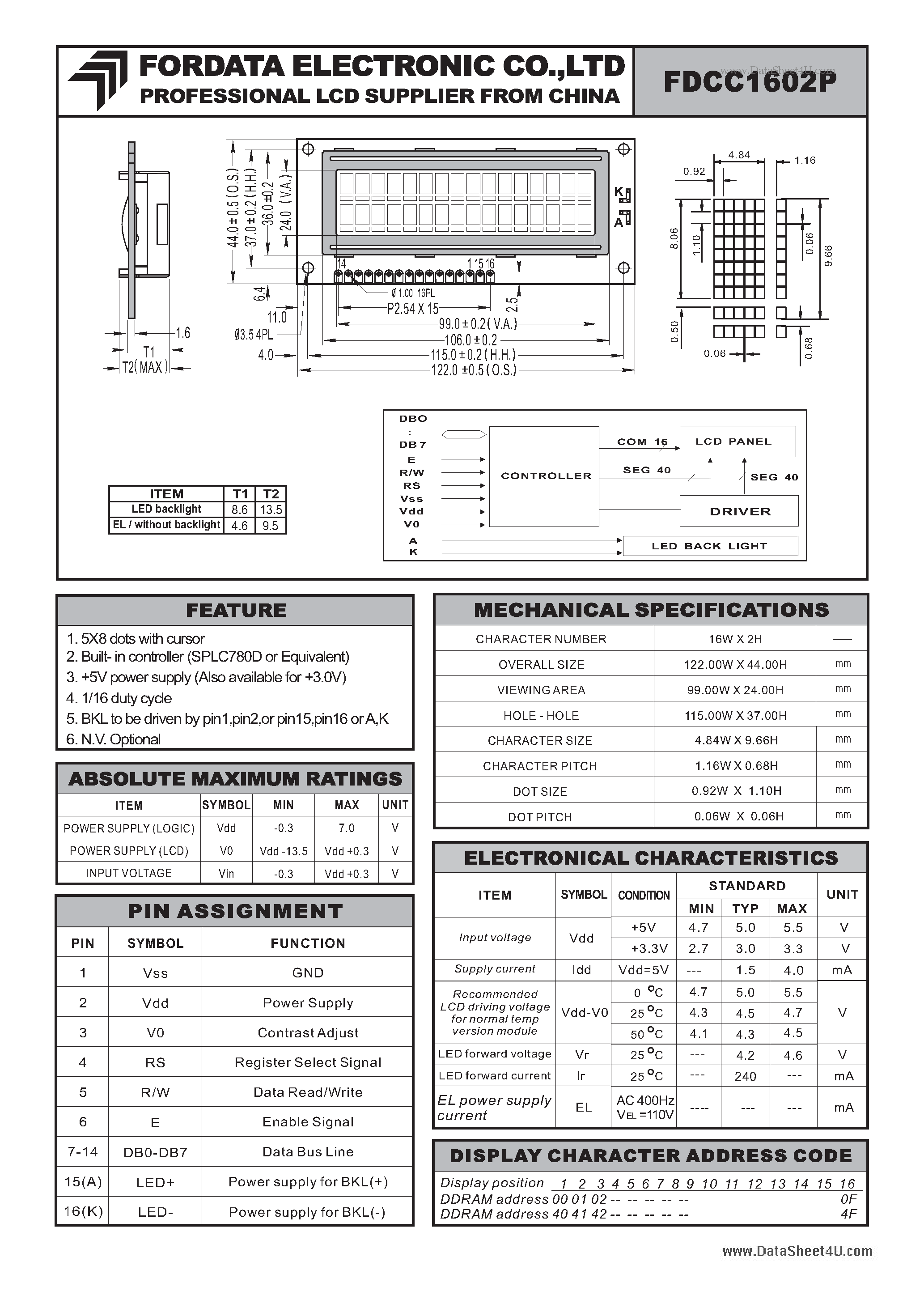 Datasheet FDCC1602P page 1 Datasheet FDCC1602P - LCD SUPPLIER page 1