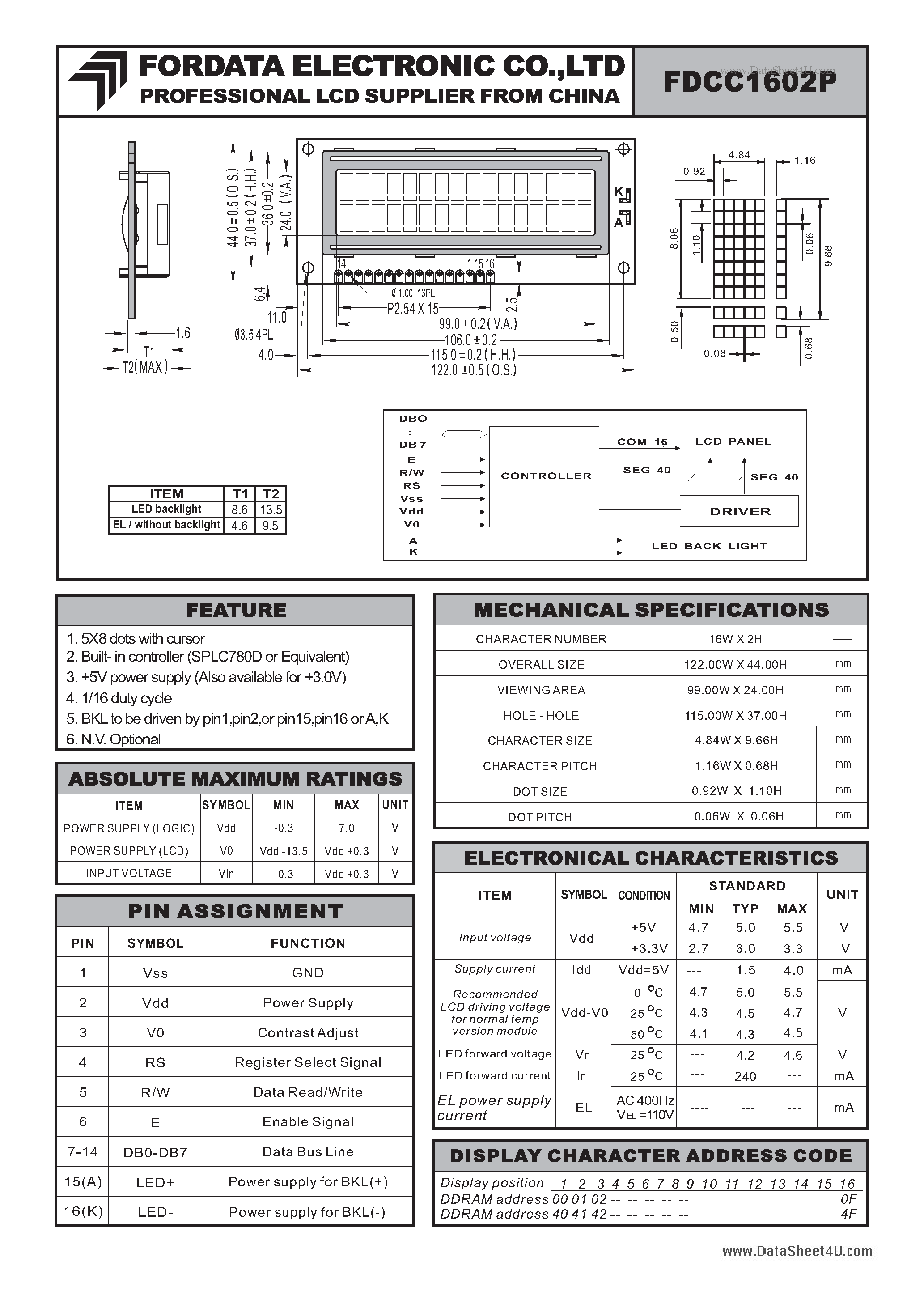 Datasheet FDCC1602P - LCD SUPPLIER page 1
