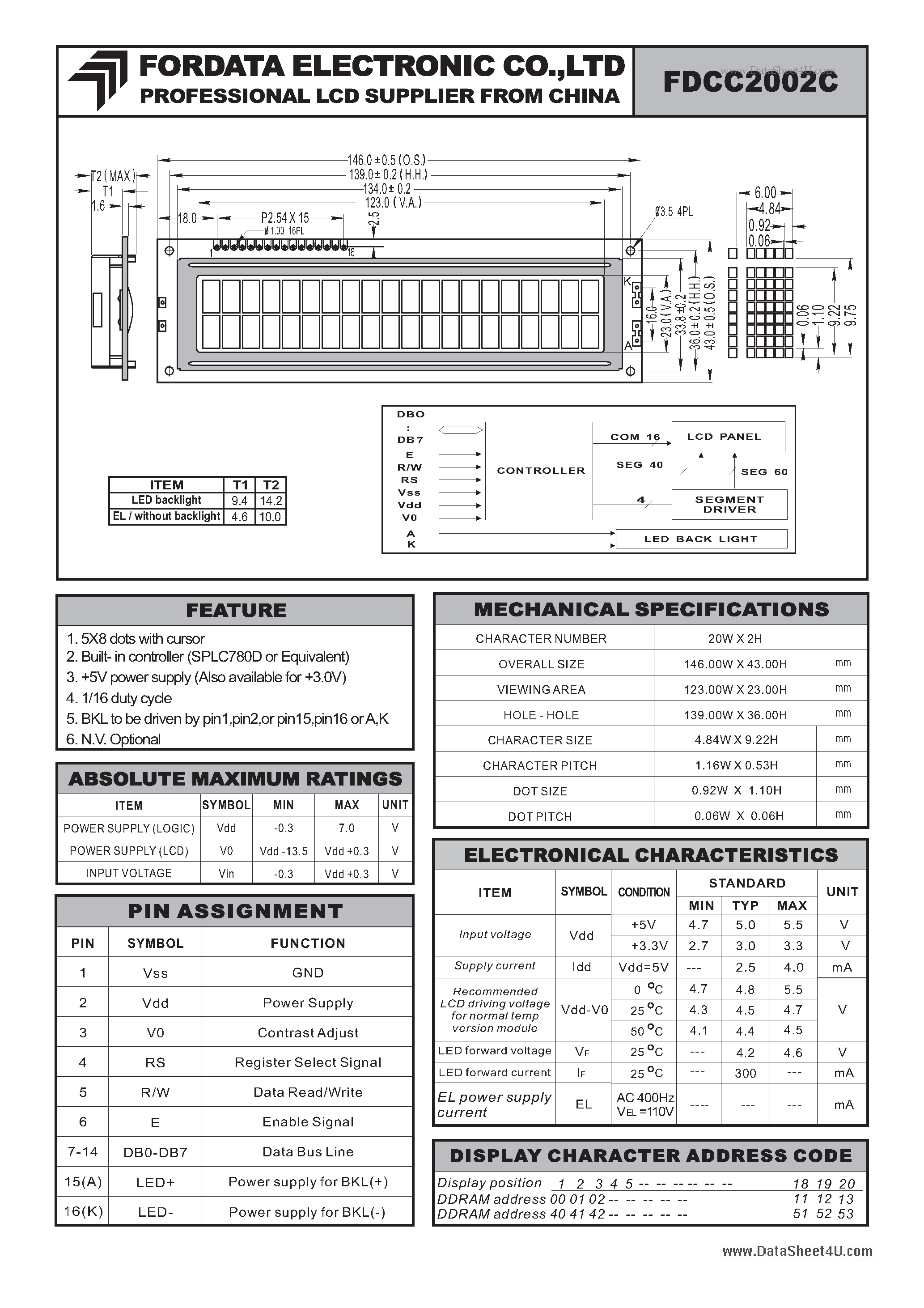 Datasheet FDCC2002C page 1 Datasheet FDCC2002C - LCD MODULE page 1