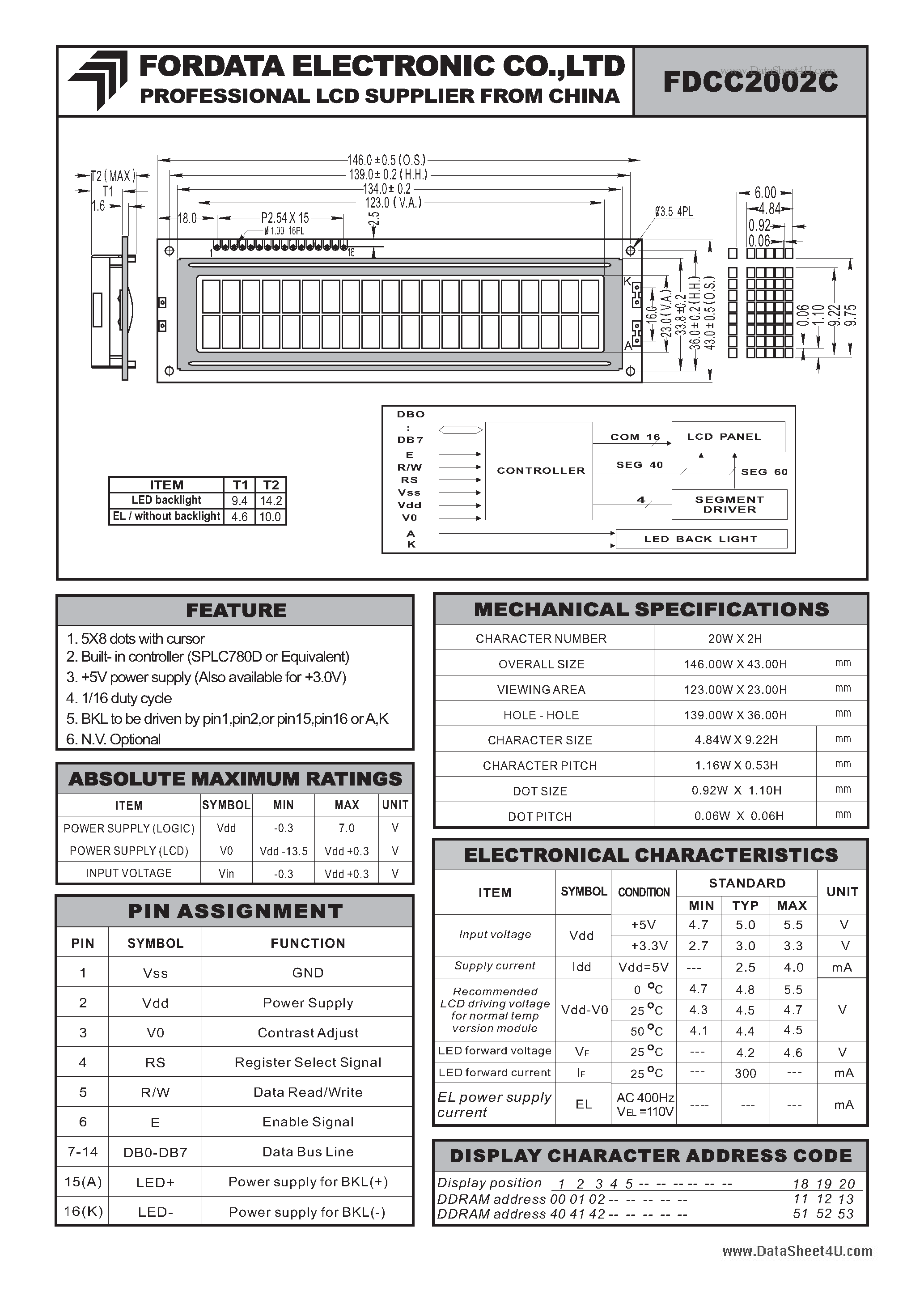 Datasheet FDCC2002C - LCD MODULE page 1