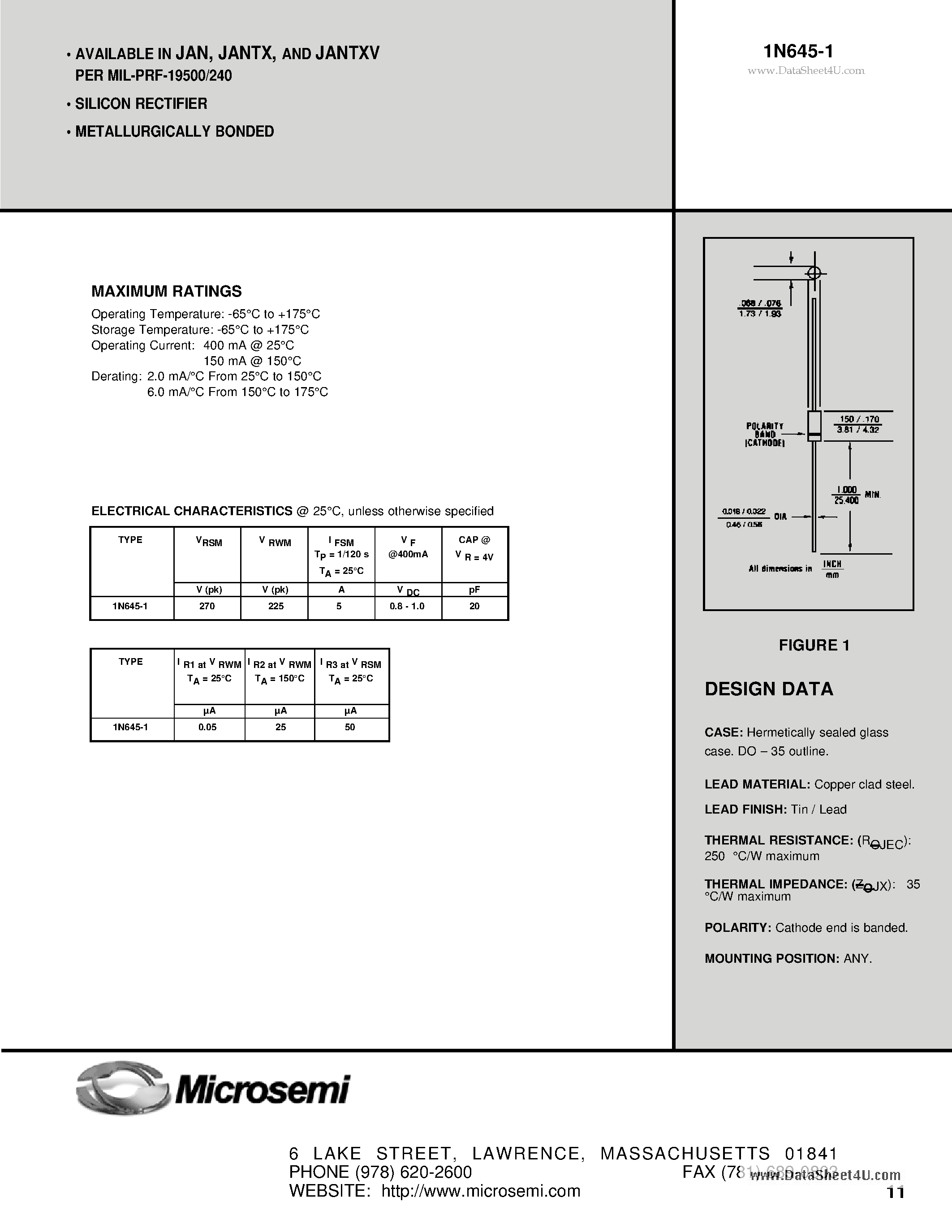 Даташит JANTX1N645-1 - Standard Rectifier страница 1