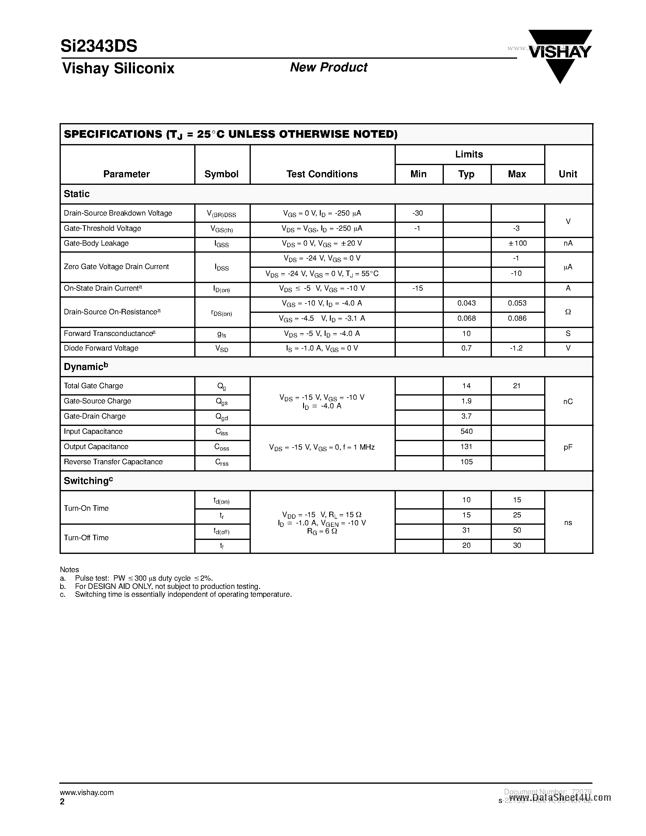 Datasheet SI2343DS - P-Channel 30-V (D-S) MOSFET page 2