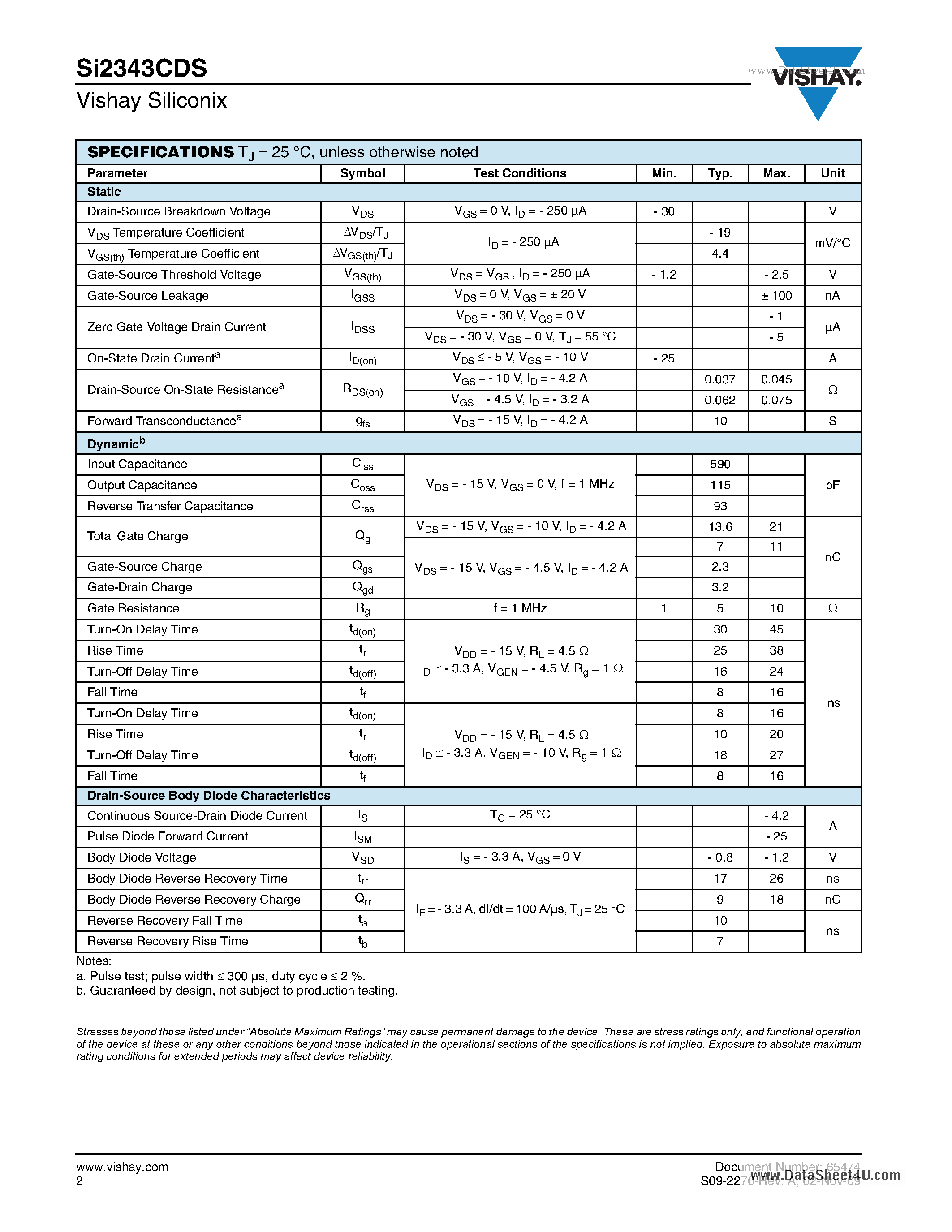 Datasheet SI2343CDS page 2 Datasheet SI2343CDS - P-Channel 30-V MOSFET page 2
