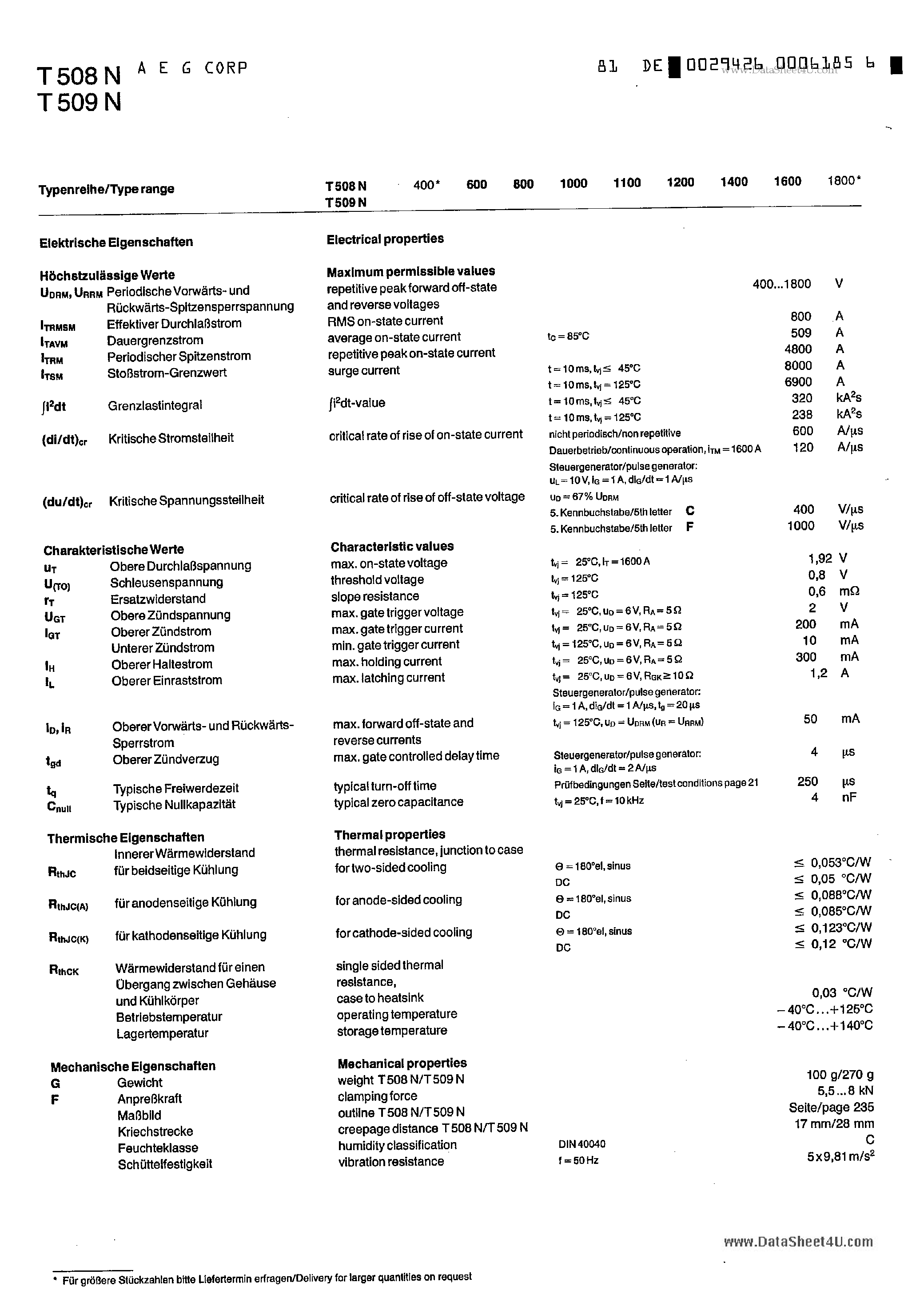 Datasheet T508N - Silicon Controlled Rectifier page 1