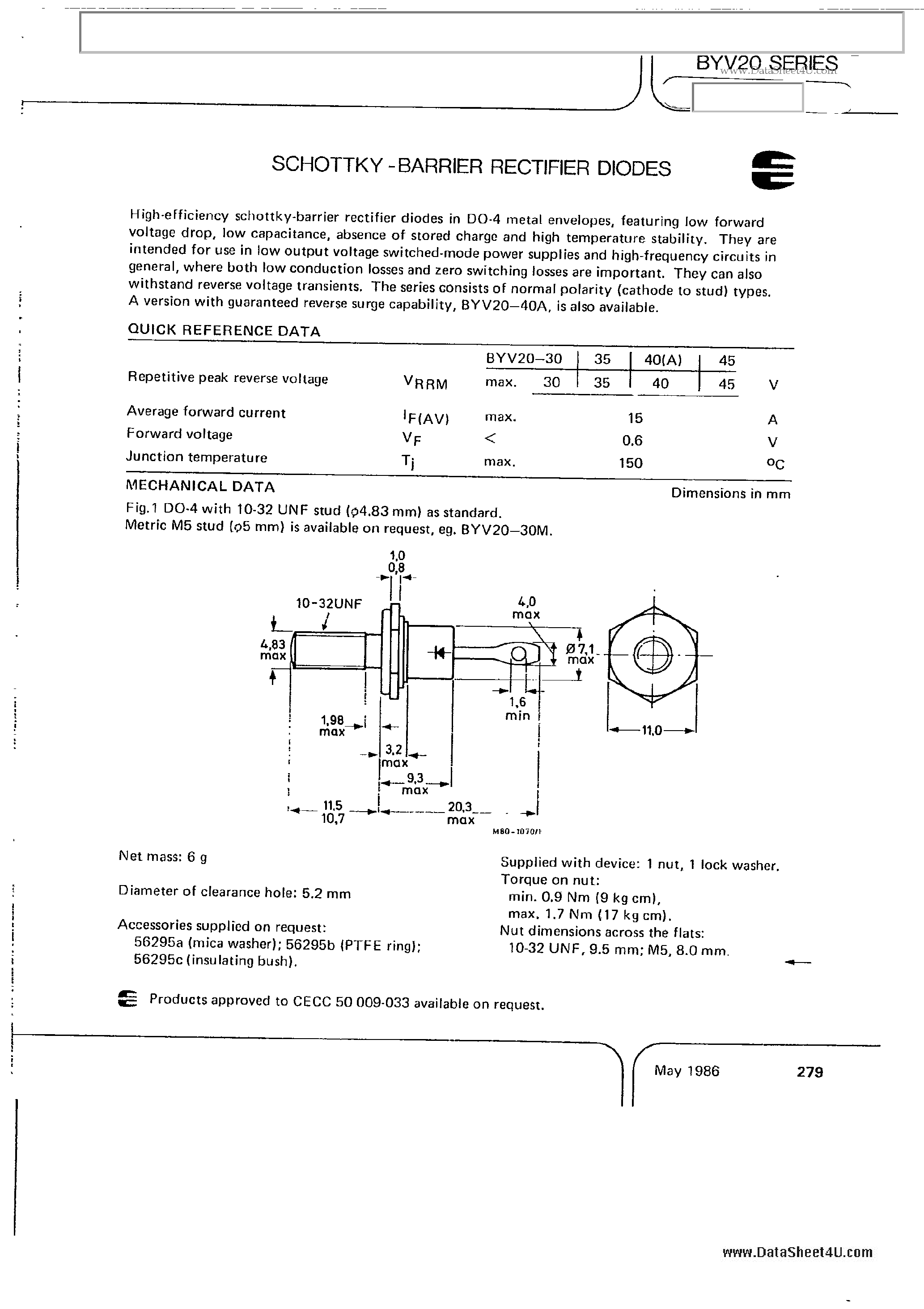 Datasheet BYV20 page 1 Datasheet BYV20 - Schottky Barrier Rectifier Diodes page 1
