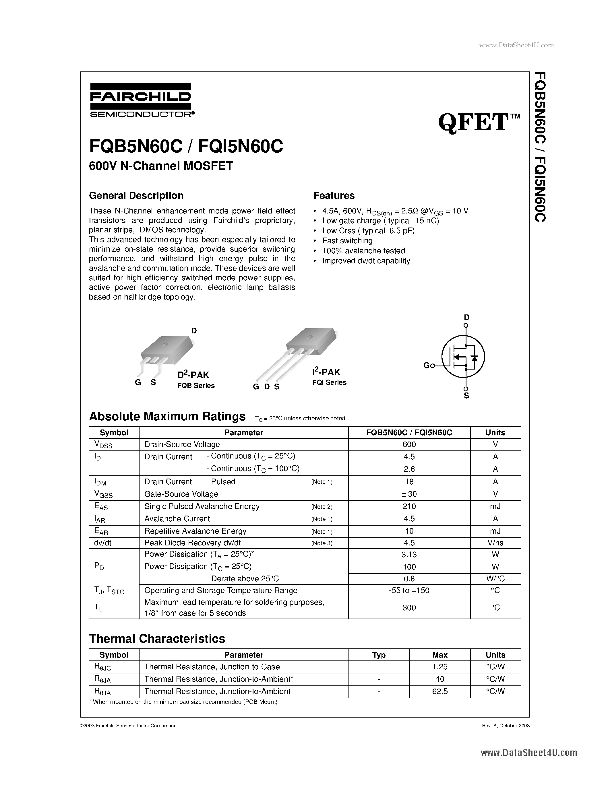 Datasheet FQB5N60C page 1 Datasheet FQB5N60C - 600V N-channel Advance QFET C-series page 1