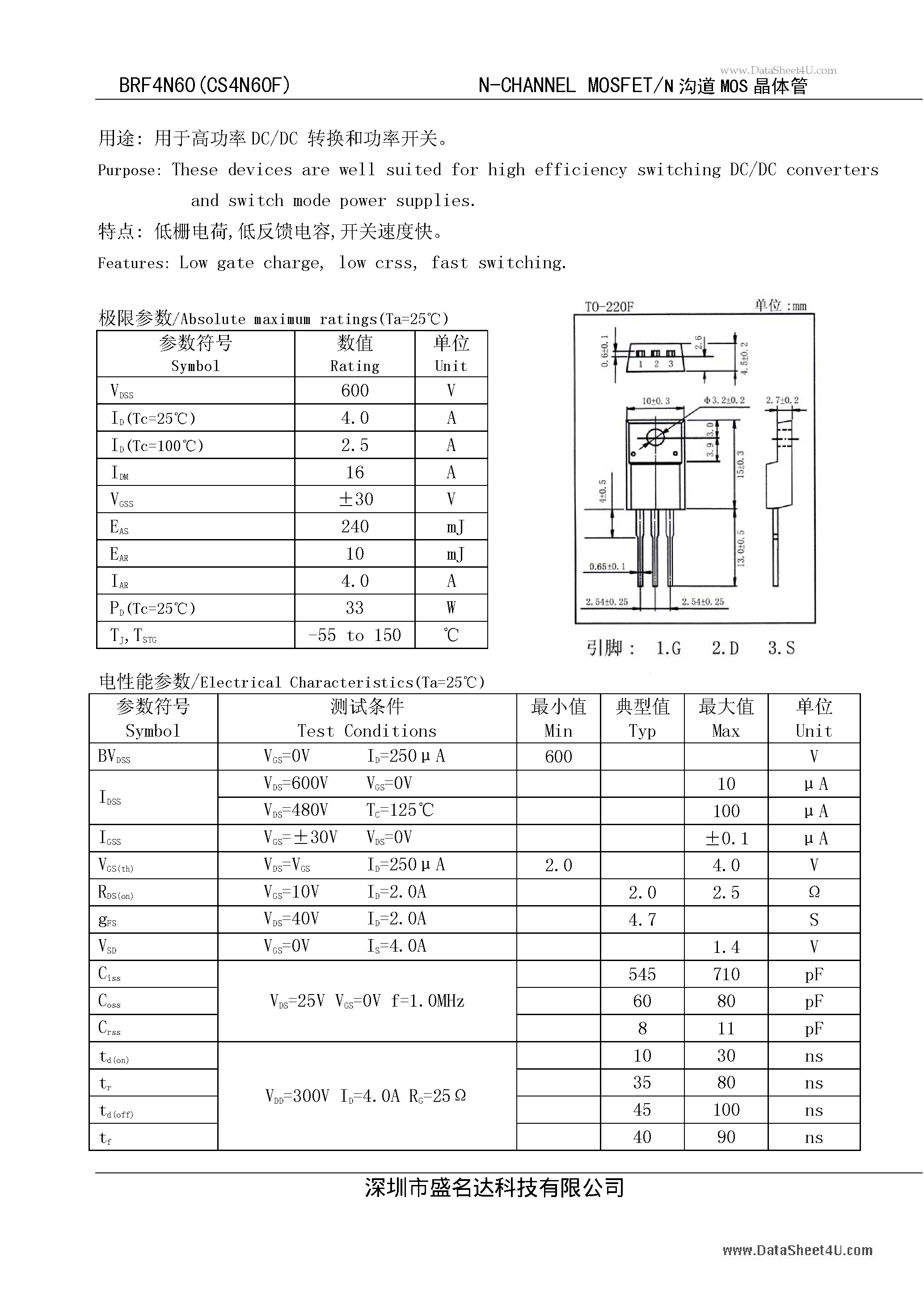 Datasheet CS4N60F - N-CHANNEL MOSFET page 1