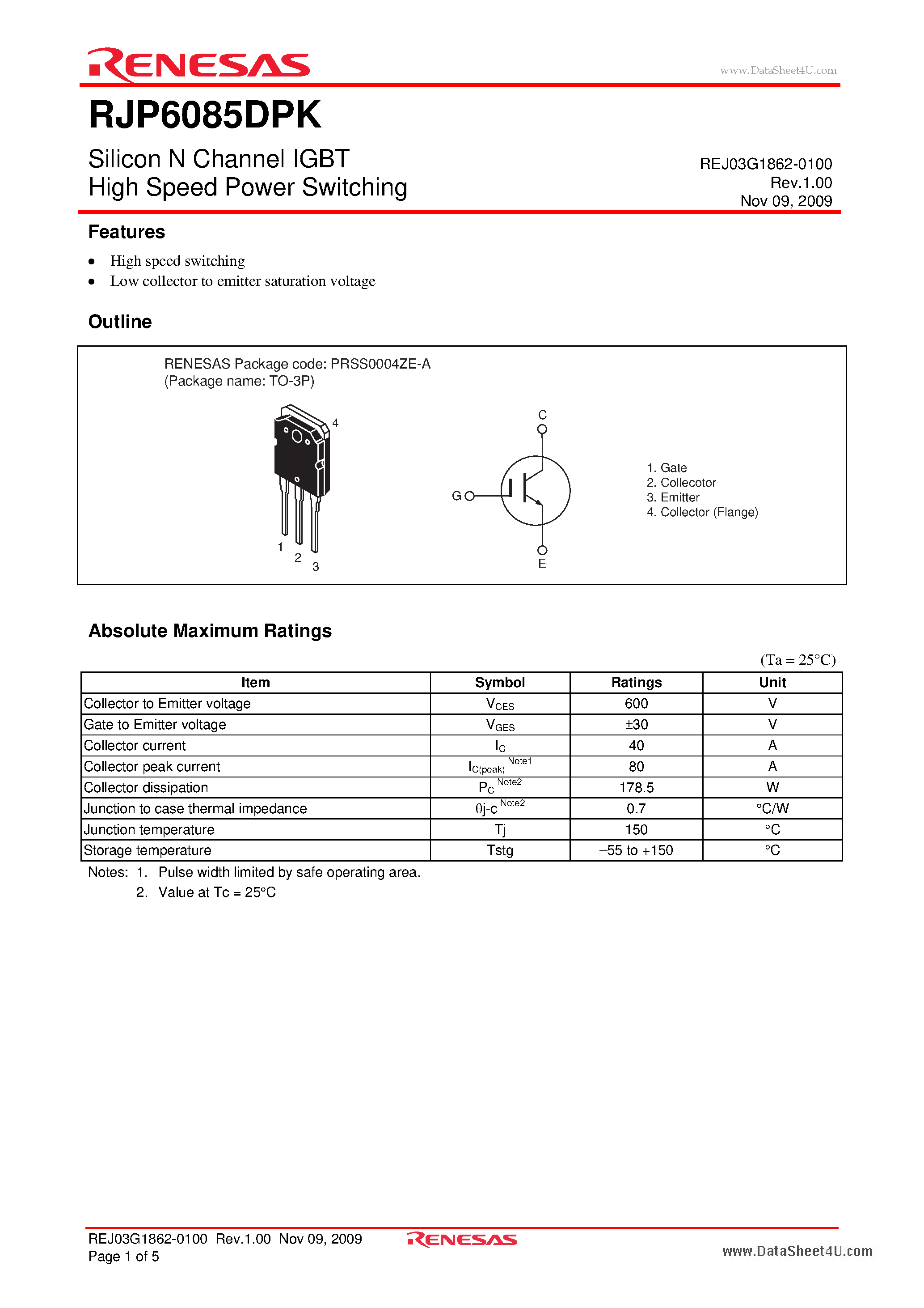 Datasheet RJP6085DPK - Silicon N Channel IGBT High Speed Power Switching page 1