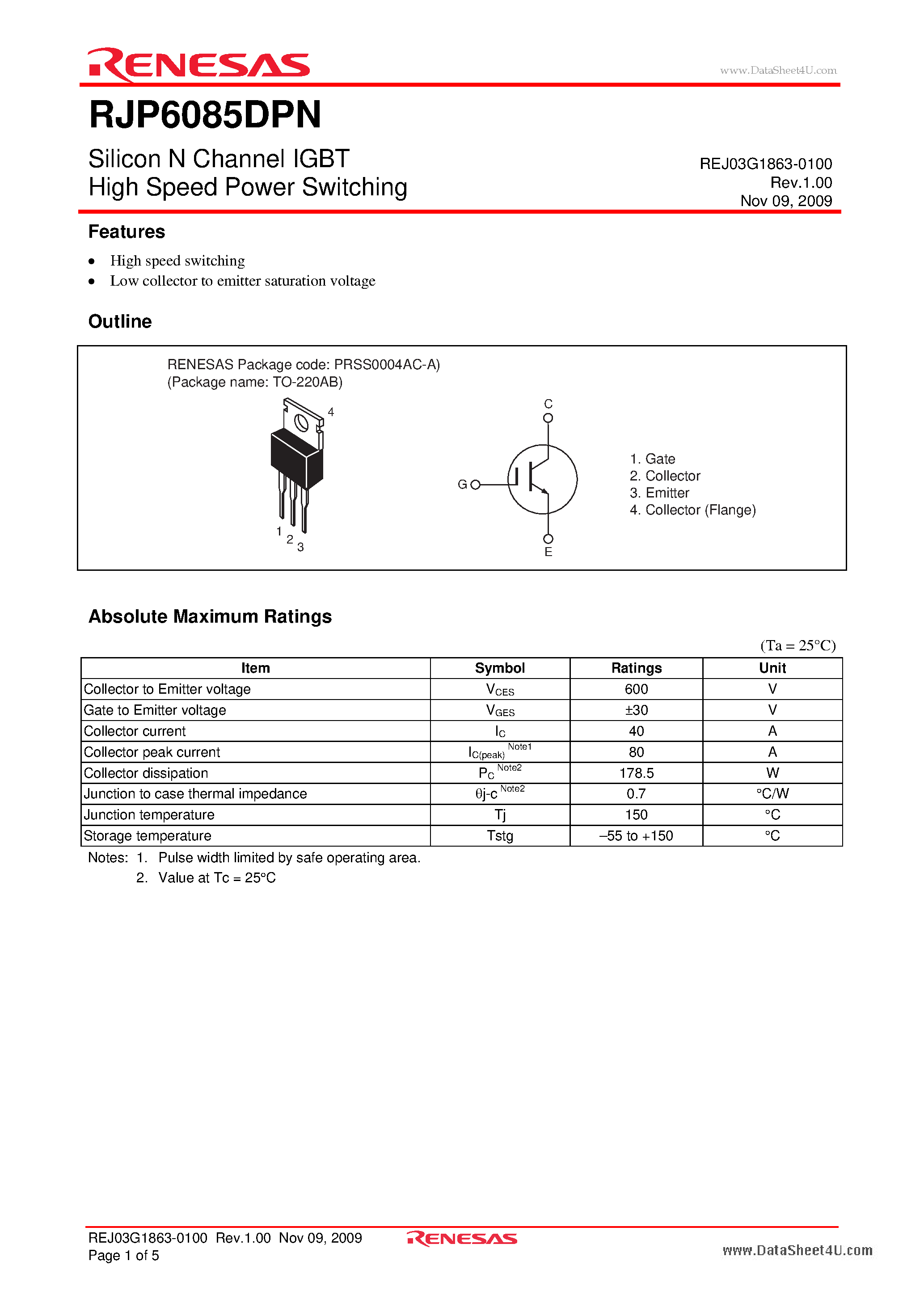 Datasheet RJP6085DPN - Silicon N Channel IGBT High Speed Power Switching page 1