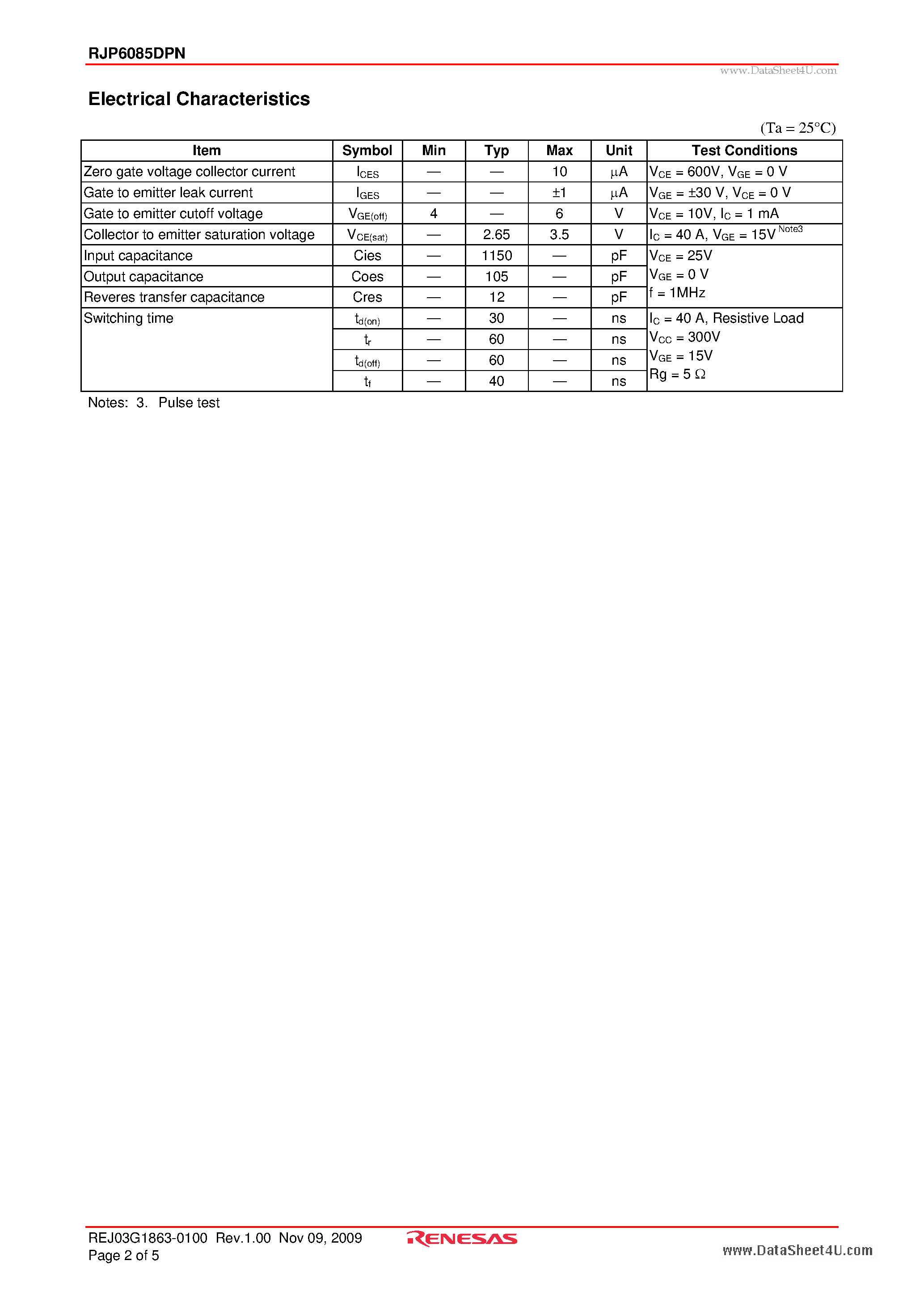 Datasheet RJP6085DPN - Silicon N Channel IGBT High Speed Power Switching page 2