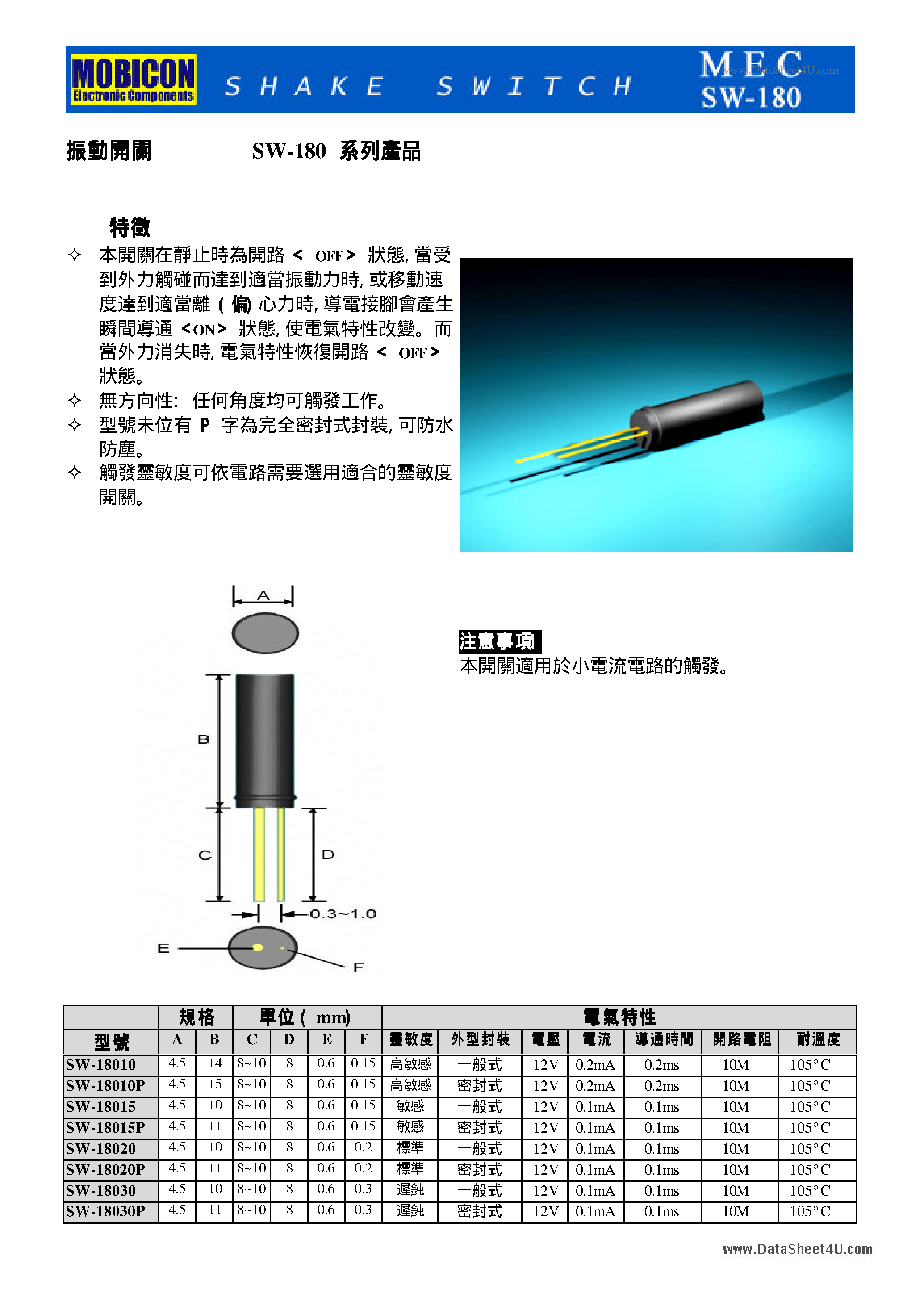 Datasheet SW-180 page 1 Datasheet SW-180 - Shake Switch page 1