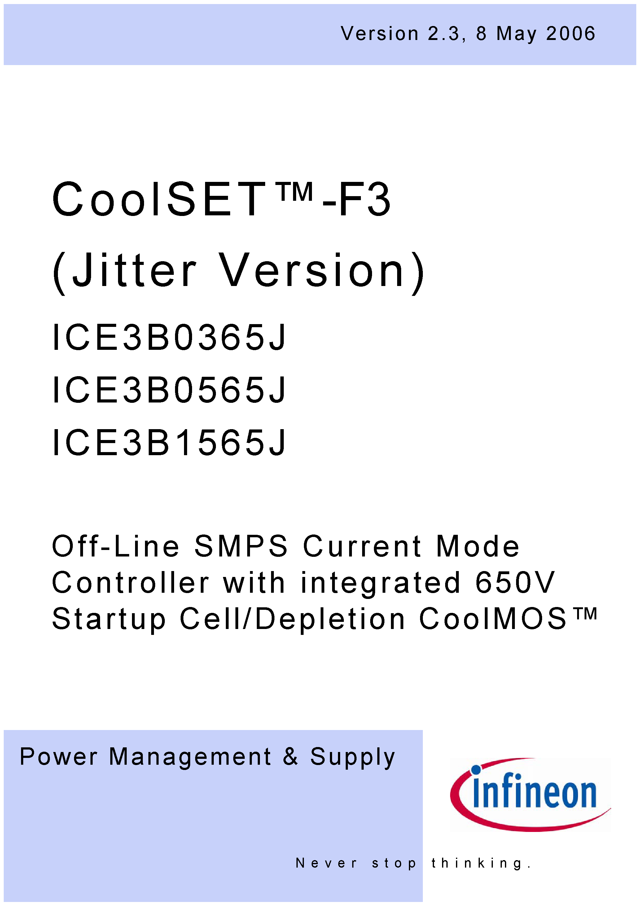 Datasheet ICE3B0365J - (ICE3Bxx65J) Off-Line SMPS Current Mode Controller page 1
