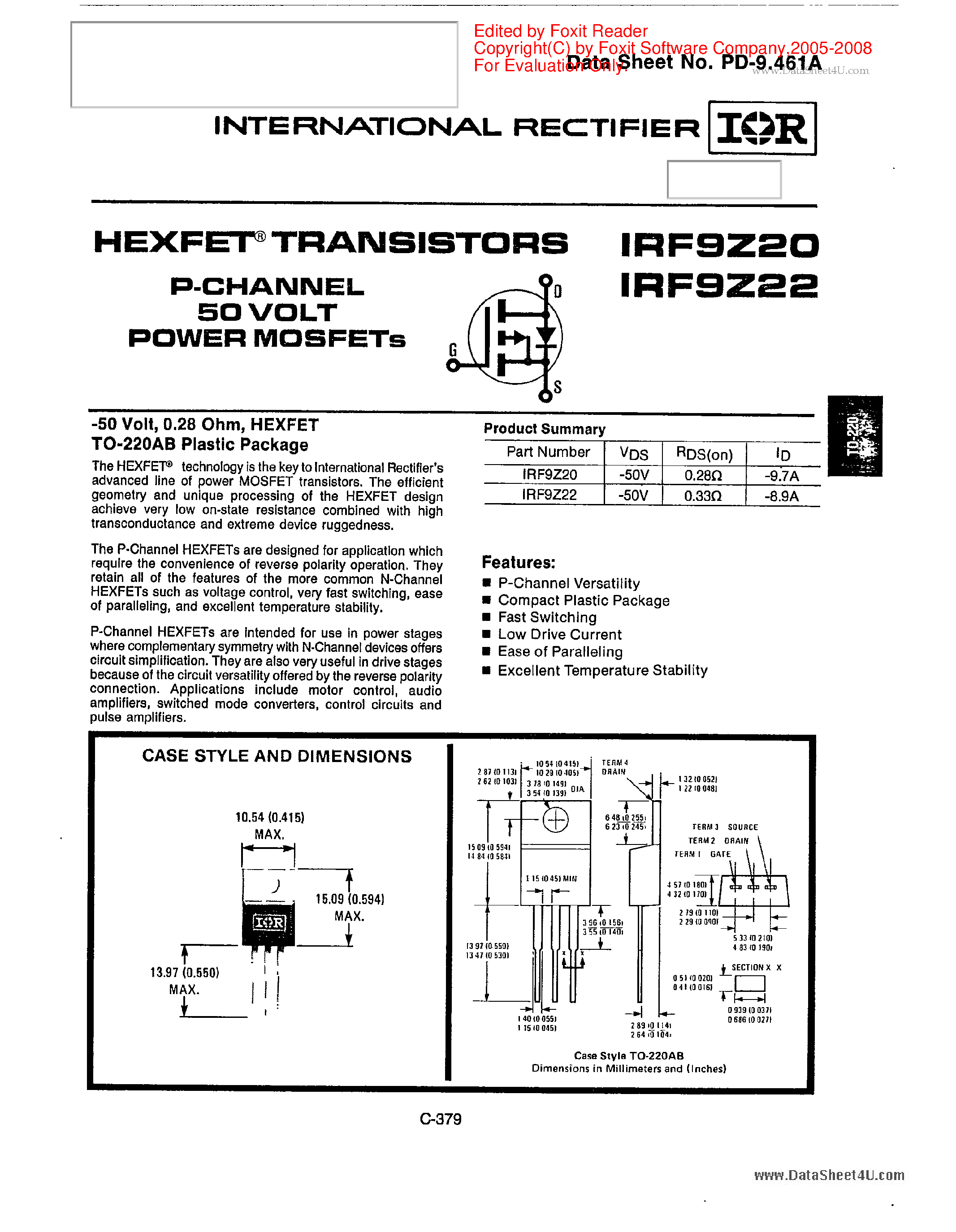 Datasheet IRF9Z20 - (IRF9Z20 / IRF9Z22) P-CHANNEL 50 VOLT POWER MOSFETs page 1