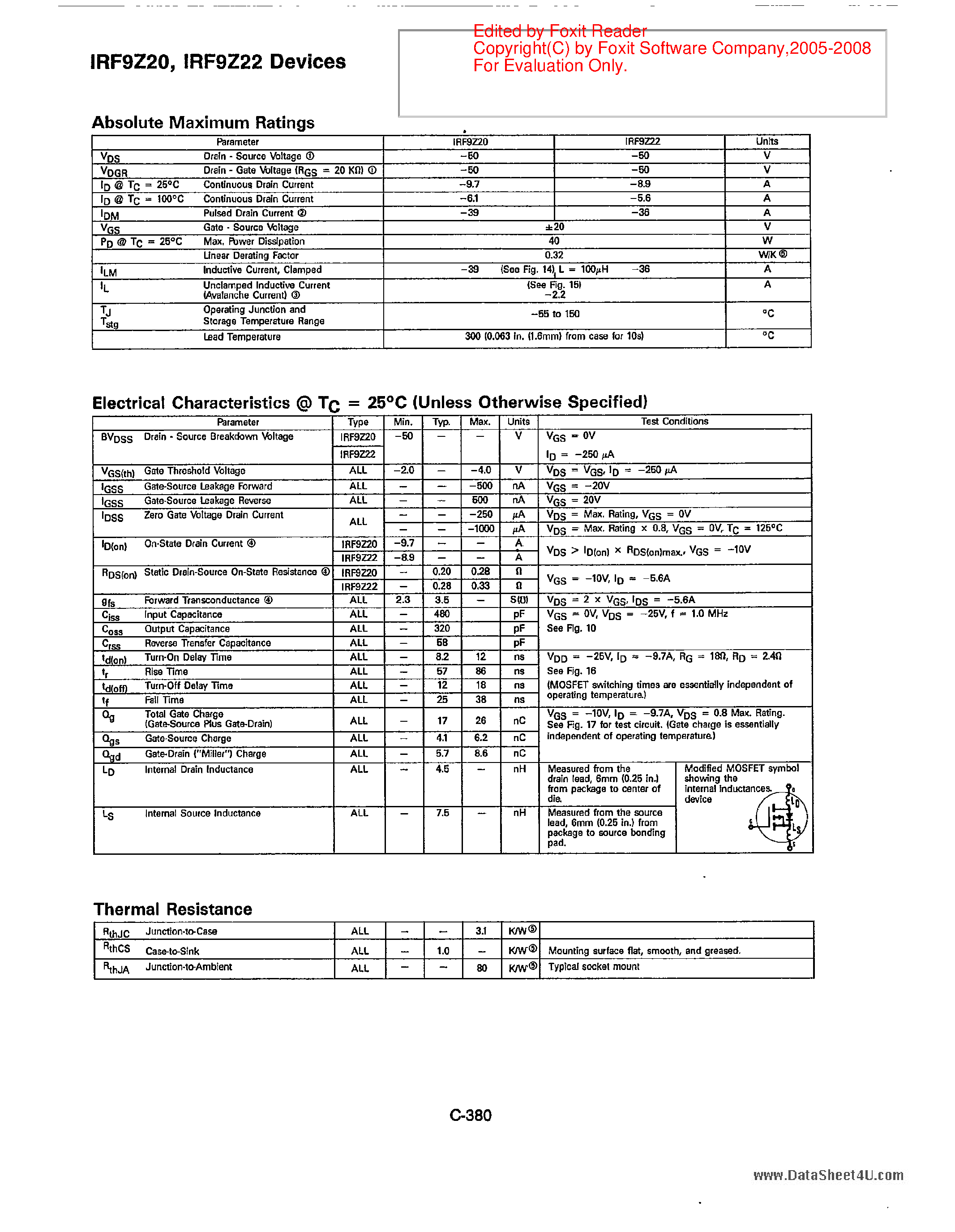 Datasheet IRF9Z20 - (IRF9Z20 / IRF9Z22) P-CHANNEL 50 VOLT POWER MOSFETs page 2