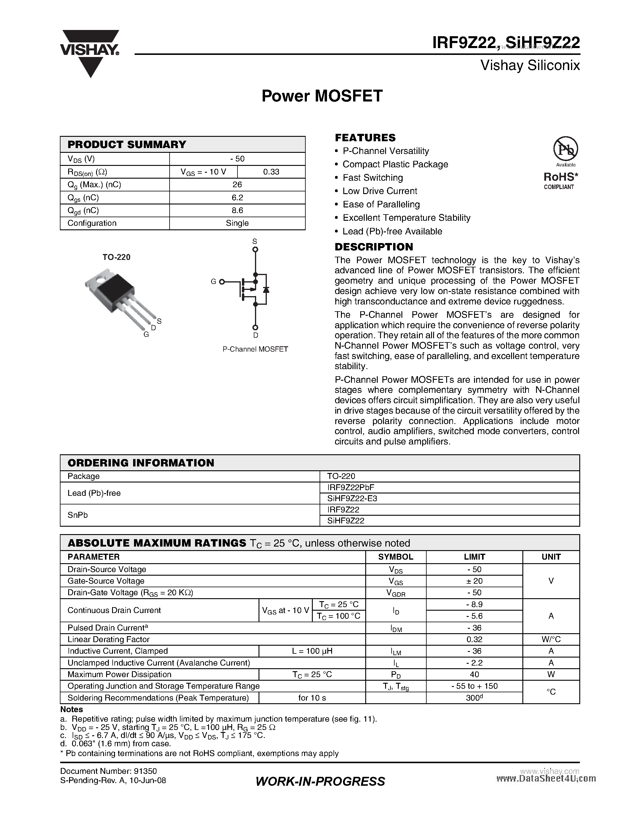 Datasheet IRF9Z22 - Power MOSFET page 1