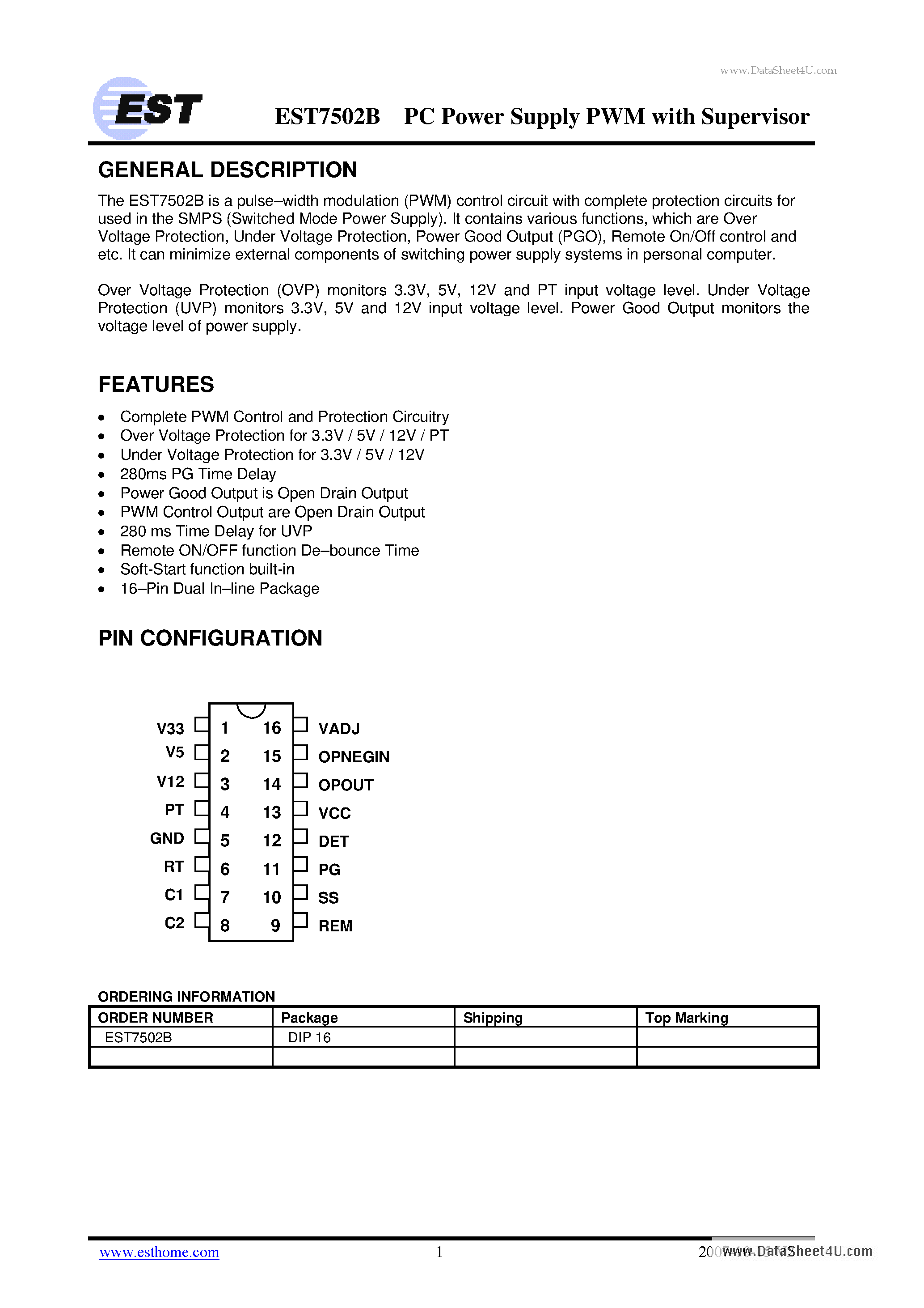Даташит EST7502B - PC Power Supply PWM страница 1