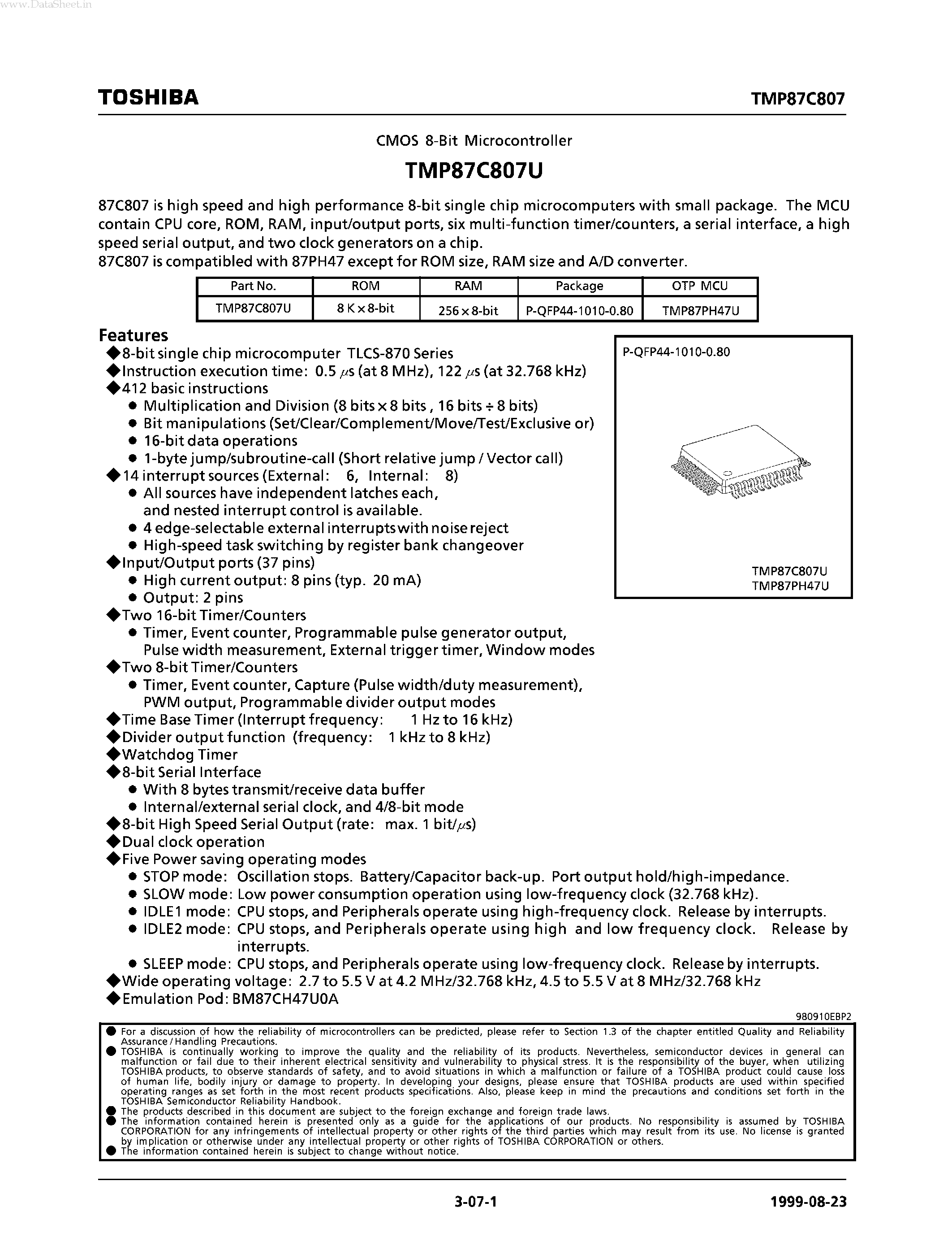 Datasheet TMP87C807U - CMOS 8-BIT MICROCONTROLLER page 1
