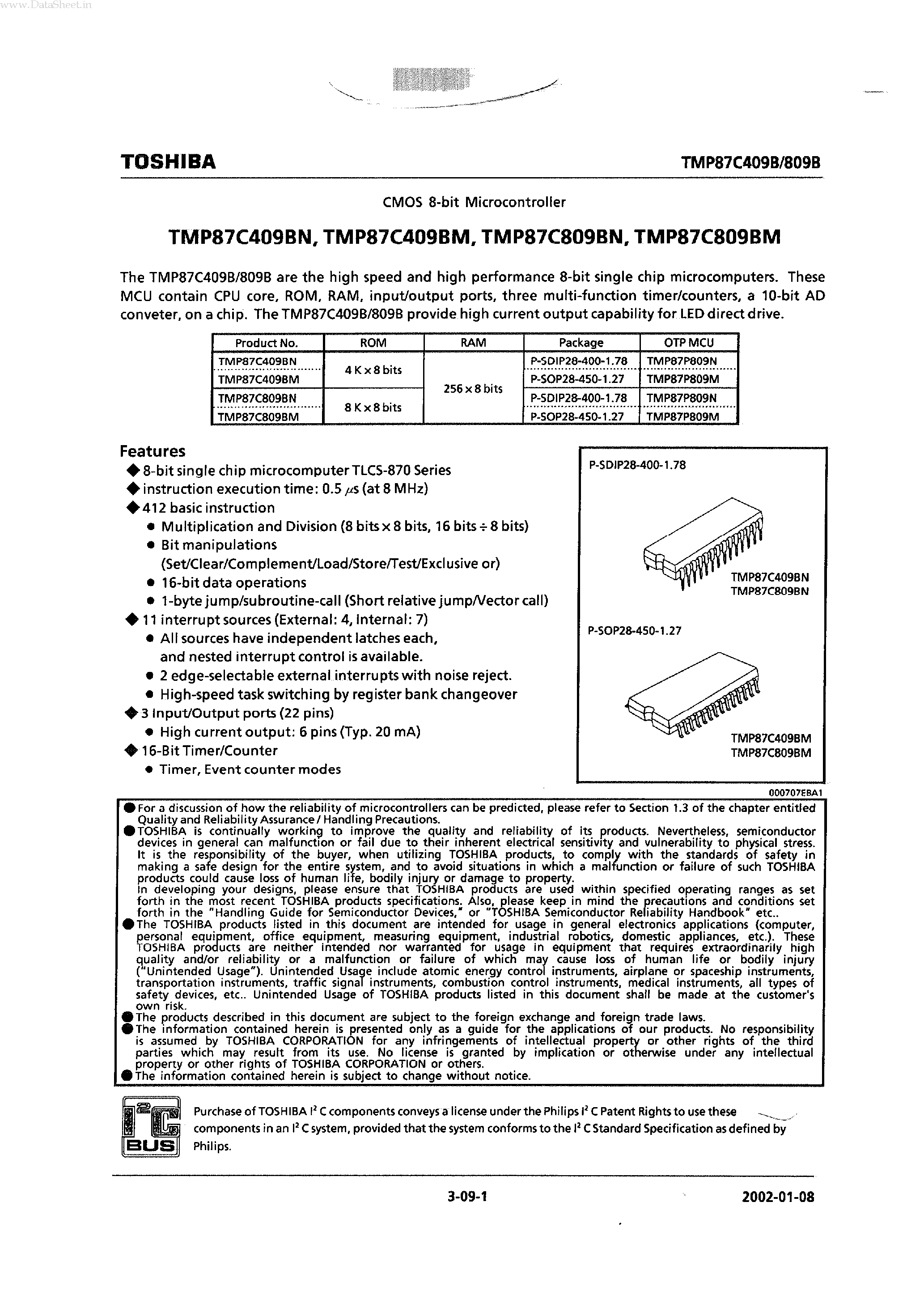 Datasheet TMP87C409B - (TMP87C409B / TMP87C809B) CMOS 8-bit Microcontroller page 1