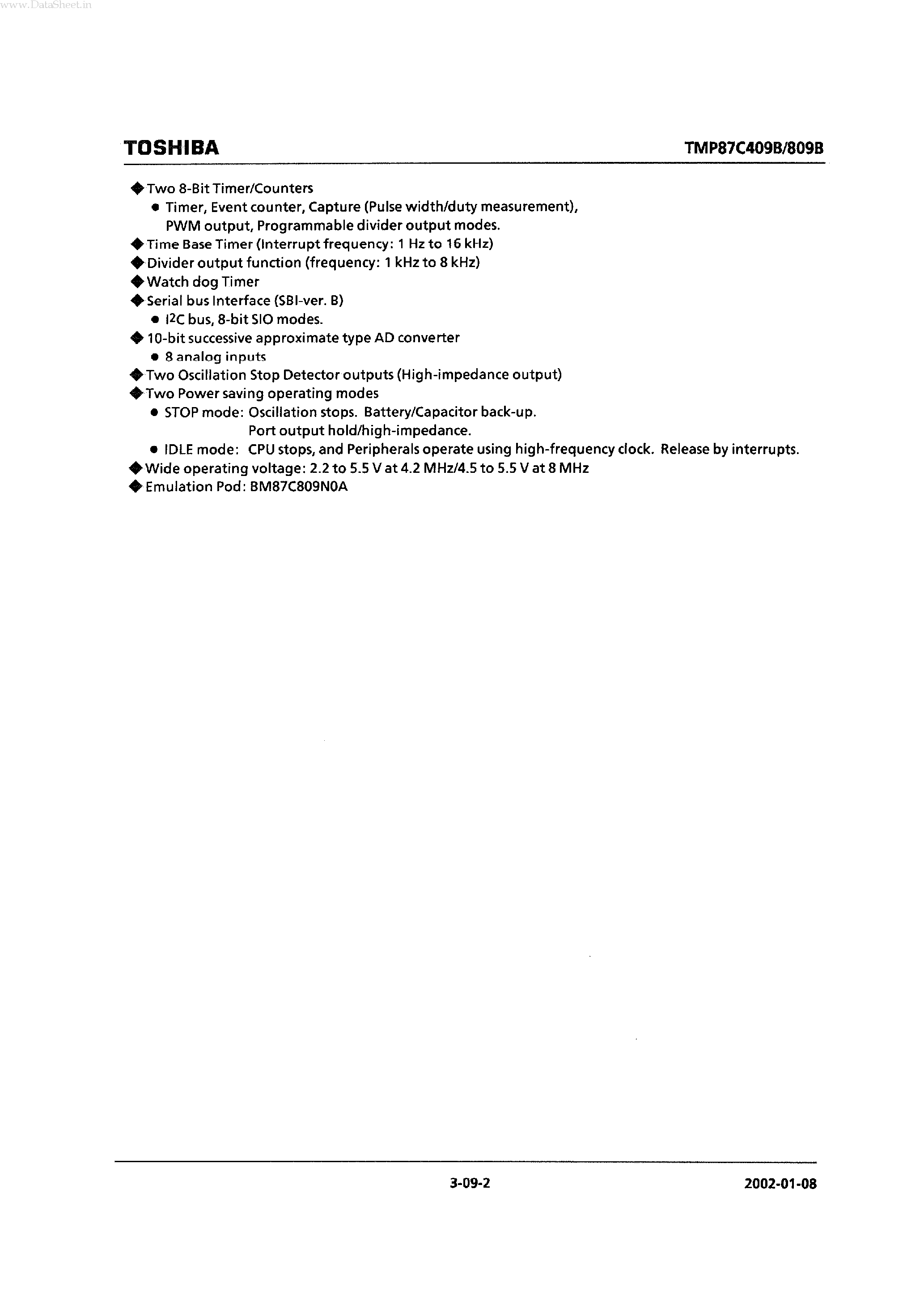 Datasheet TMP87C409B - (TMP87C409B / TMP87C809B) CMOS 8-bit Microcontroller page 2