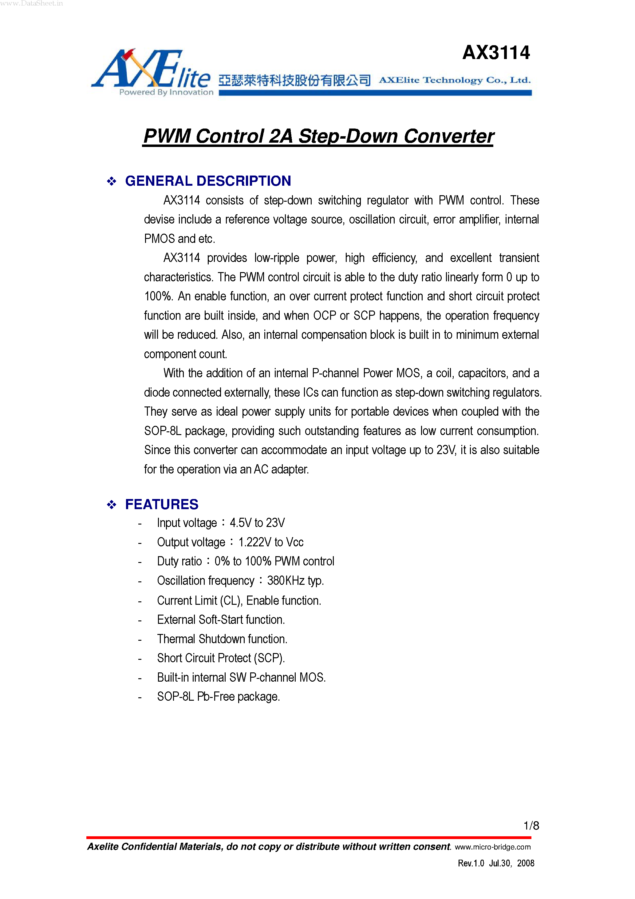 Даташит на микросхему AX3114 страница 1 Даташит AX3114 - PWM Control 2A Step-Down Converter страница 1