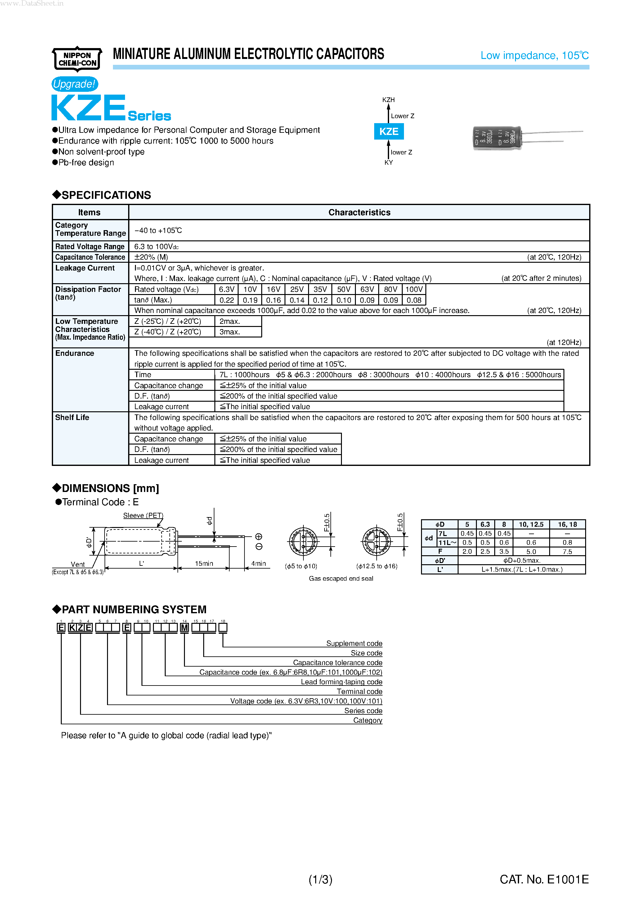 Datasheet EKZE100ExxxxxMxxxx page 1 Datasheet EKZE100ExxxxxMxxxx - MINIATURE ALUMINUM ELECTROLYTIC CAPACITORS page 1