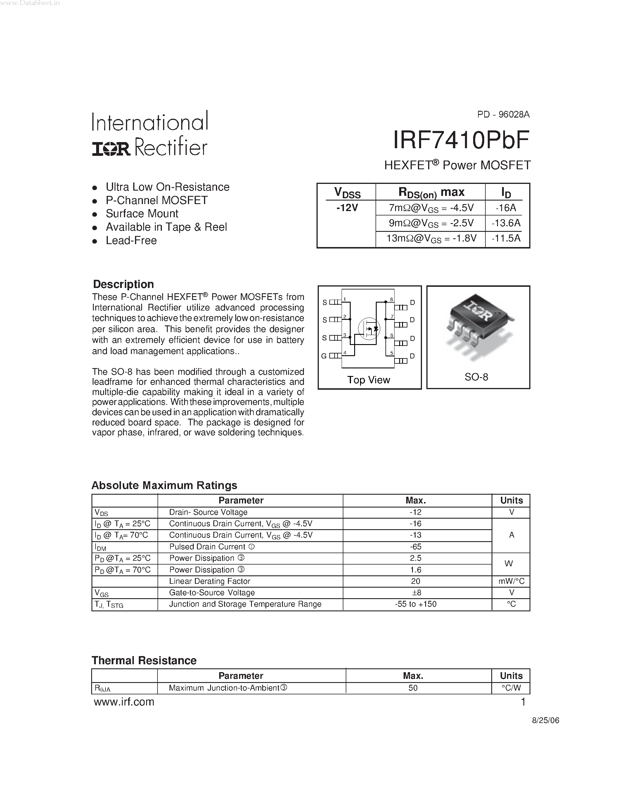 Datasheet IRF7410PBF page 1 Datasheet IRF7410PBF - HEXFET Power MOSFET page 1