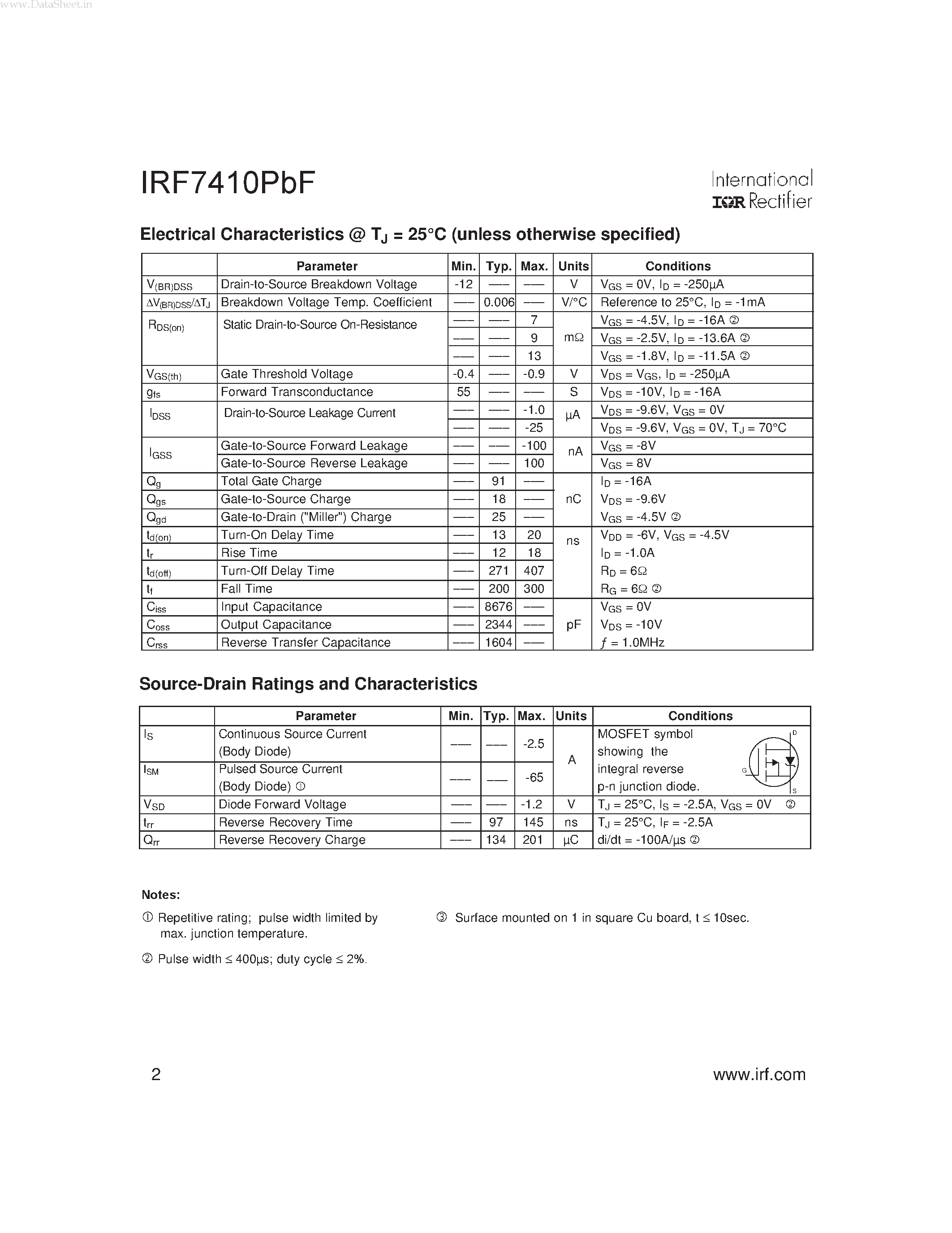 Datasheet IRF7410PBF page 2 Datasheet IRF7410PBF - HEXFET Power MOSFET page 2