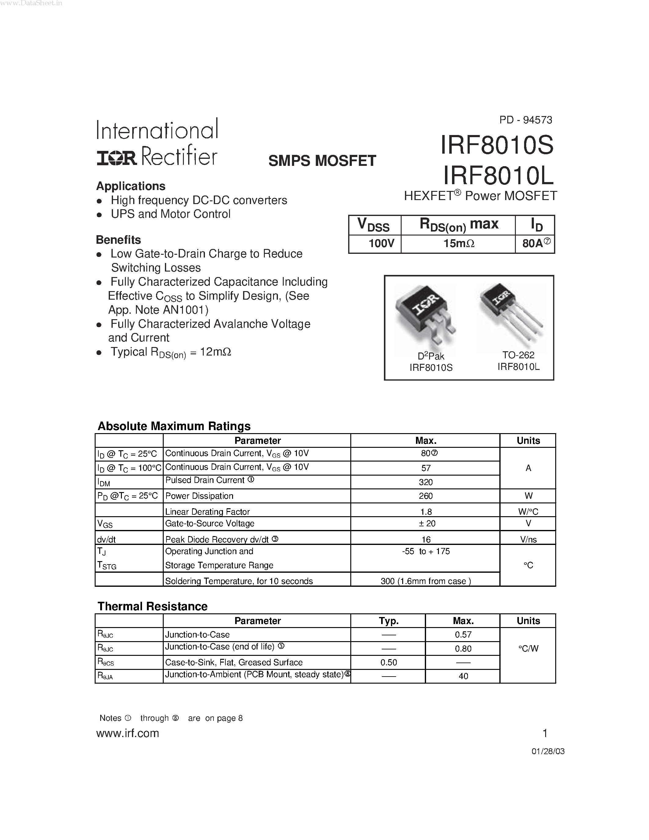 Datasheet IRF8010L - SMPS MOSFET page 1