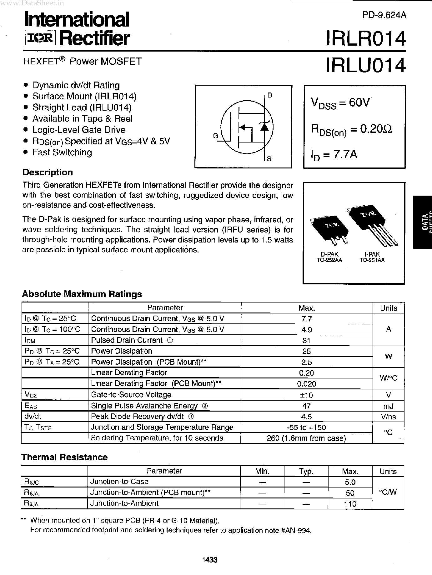 Datasheet IRLR014 - HEXFET POWER MOSFET page 1