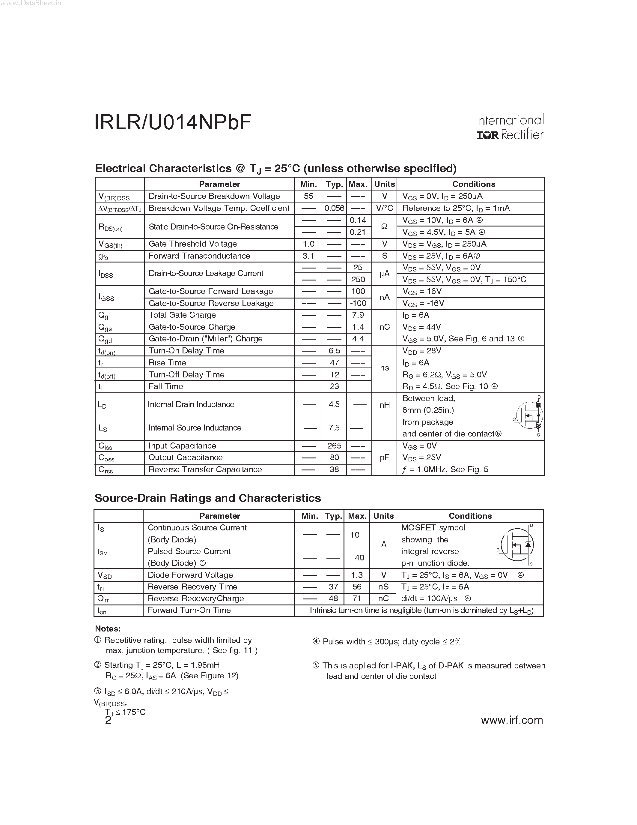 Даташит IRLR014NPBF - HEXFET POWER MOSFET страница 2
