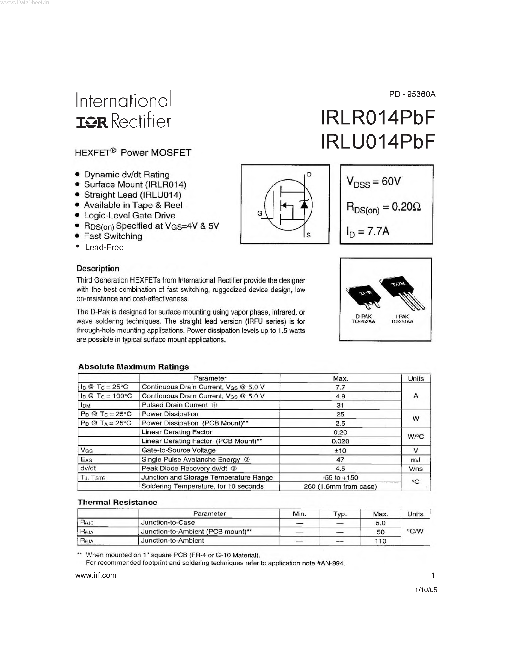 Datasheet IRLR014PBF - Power MOSFET page 1