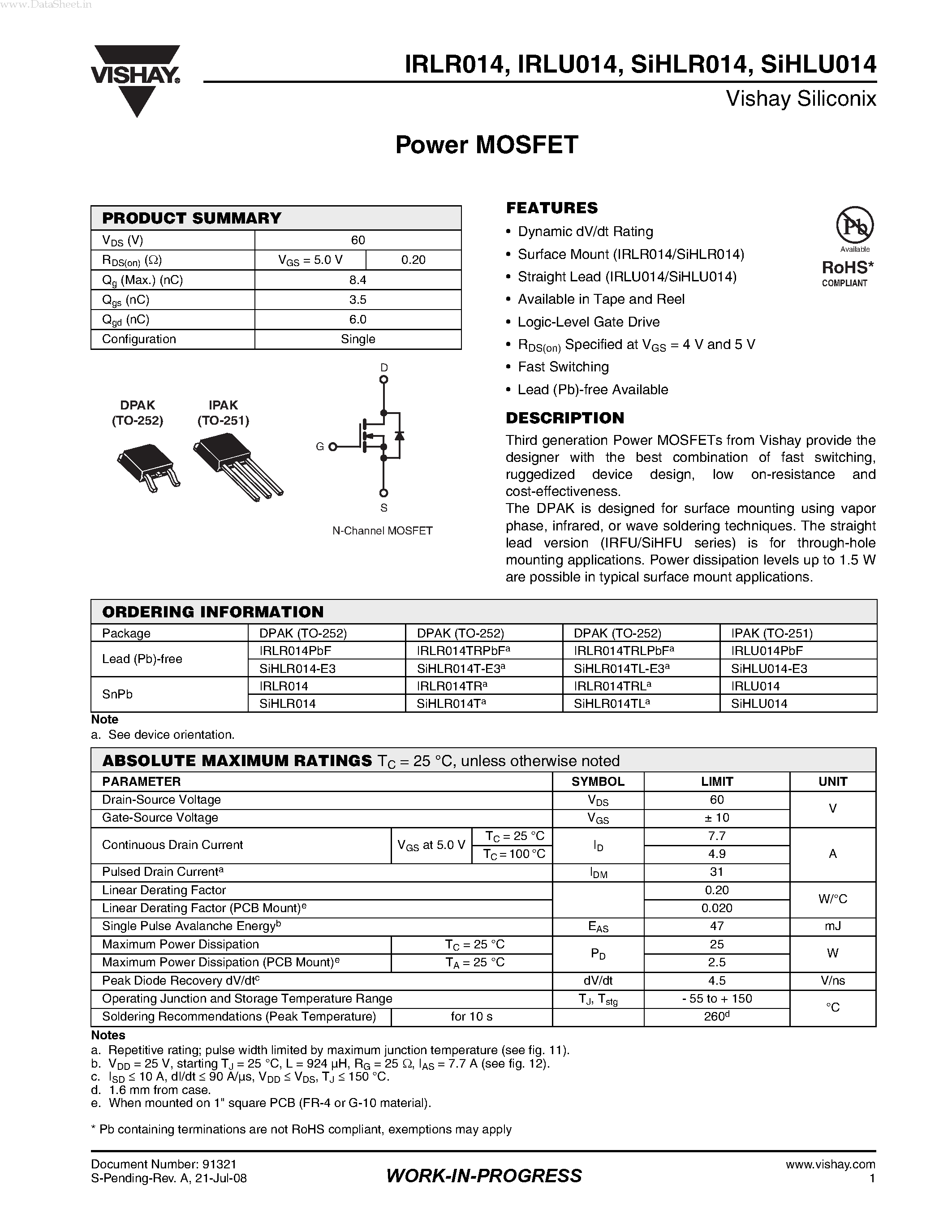 Даташит IRLR014PBF - Power MOSFET страница 1